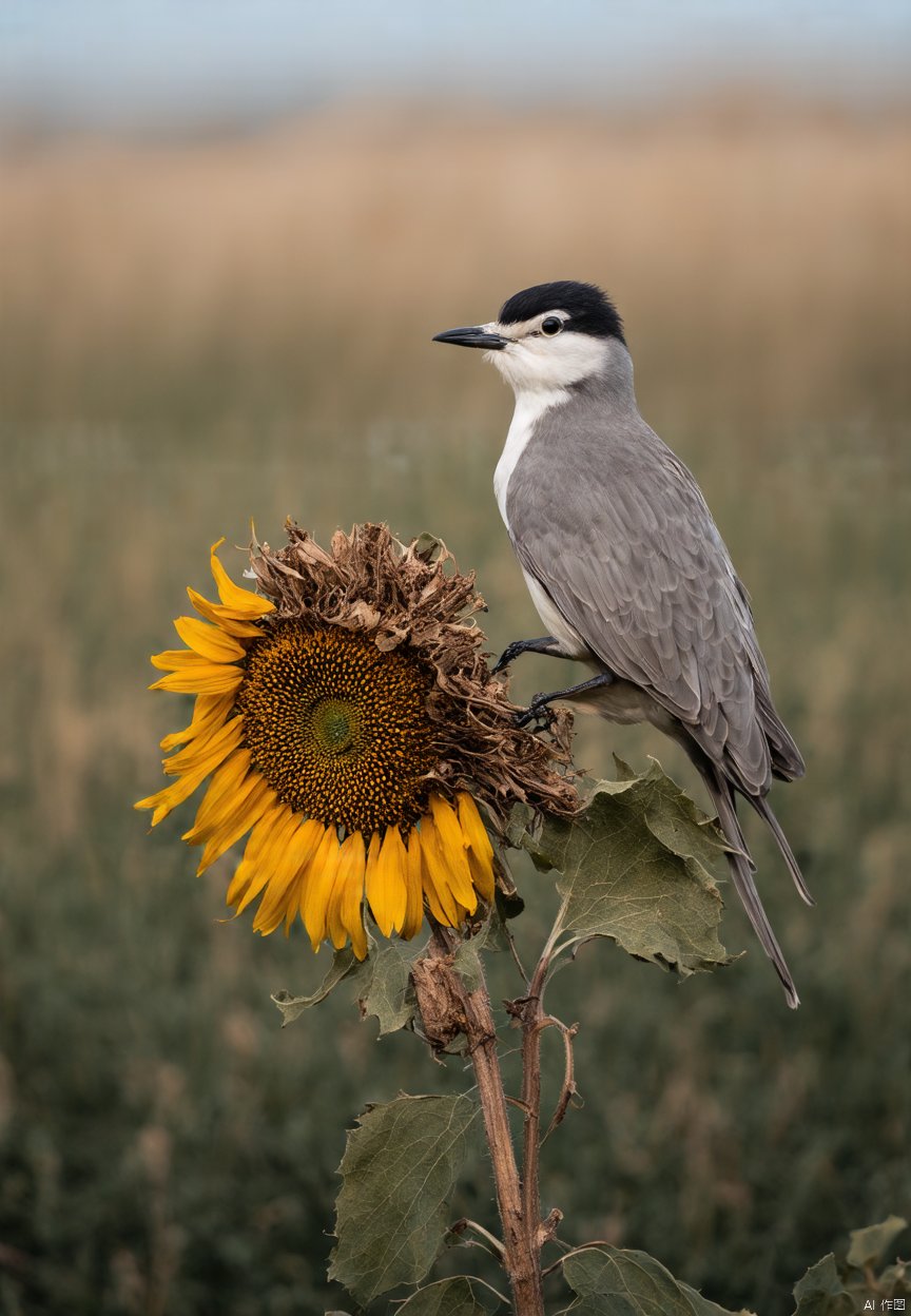 The image captures a moment of natural beauty, featuring a bird perched atop a dried flower. The bird, with its delicate feathers and sharp features, is the central focus of the image. Its plumage is a mix of soft grays and whites, with a distinct black cap and a white face that contrasts with the darker shades of its body. The bird's posture is upright and alert, suggesting it is either resting or observing its surroundings.

The dried flower, which appears to be a sunflower, is the perch upon which the bird is situated. The flower is in a state of decay, with its petals drooping and turning a golden-brown hue, indicative of the natural aging process or the effects of environmental conditions. The stem of the flower is slender and supports the bird, with a few leaves still attached, showing signs of wilting.

The background is blurred, emphasizing the bird and the flower as the primary subjects. The colors in the background are a soft green and blue, suggesting a natural setting, possibly a garden or a meadow. The lighting in the image is gentle, casting a warm glow on the bird and the flower, which adds to the serene and tranquil mood of the scene.

Overall, the image conveys a sense of stillness and the quiet beauty of nature, capturing a fleeting moment in the life of the bird and the life cycle of the flower.