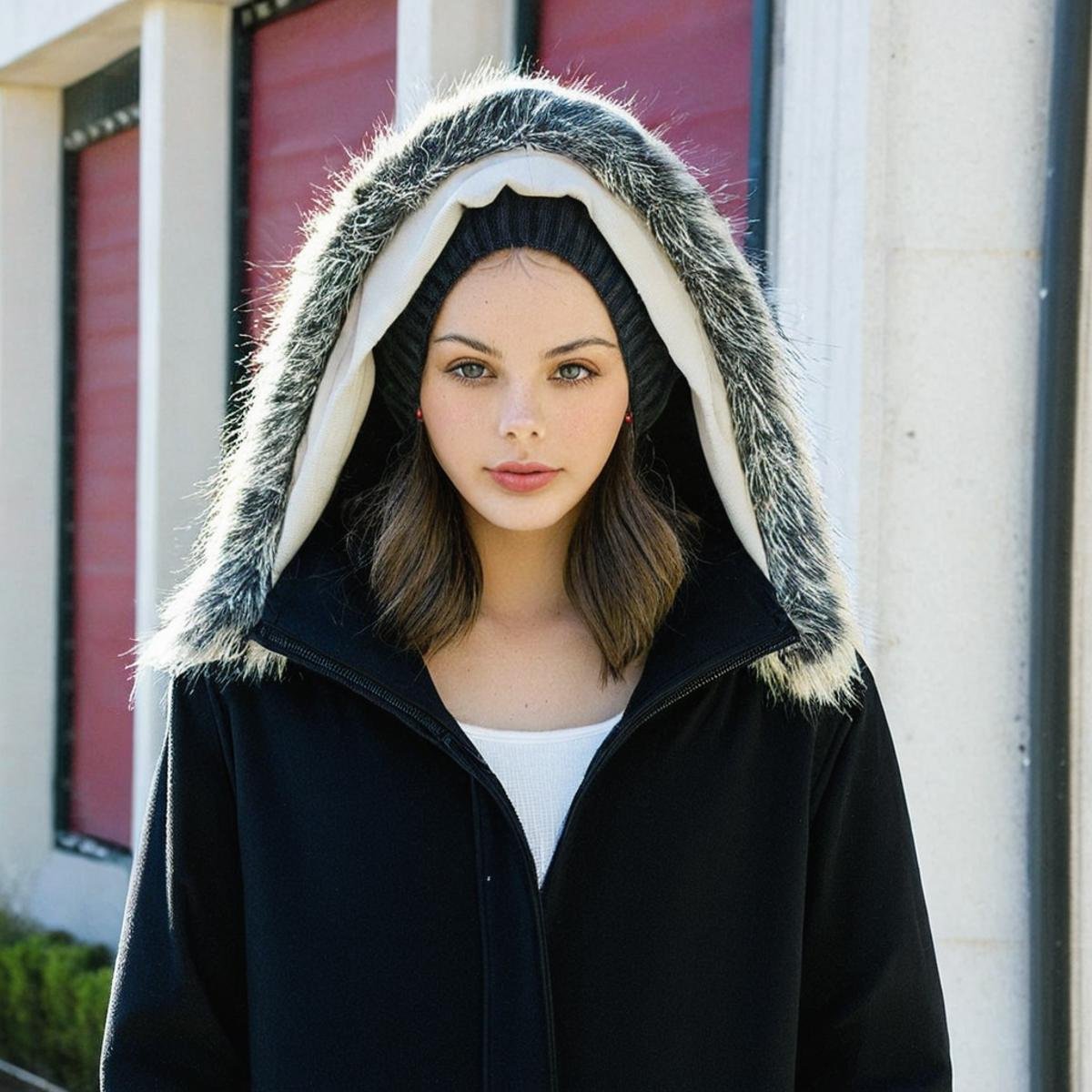 meika_woollard,woman, long hair, looking at viewer, closed mouth, jacket, white shirt, upper body, outdoors, open clothes, hood, open jacket, coat, black jacket, fur trim, depth of field, blurry background, t-shirt, building, hooded jacket, hood up, open coat, black coat, realistic, fur-trimmed hood,<lora:MWoollardXL:1>