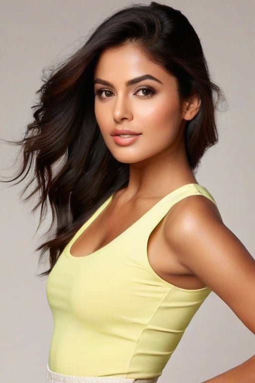 1girl, solo, An Indian woman, age 25, stands poised with confidence. Her voluminous, wavy hair cascades down her shoulders in a natural, slightly tousled style. She has large, expressive brown eyes, minimally enhanced with makeup, giving her a naturally beautiful look. Her well-groomed, thick, slightly arched eyebrows complement her eyes perfectly. Full, slightly parted lips with a natural pink hue and a clear, glowing complexion with subtle makeup emphasize her youthful appearance. She has a slender, toned physique, indicative of a fit and healthy lifestyle. She wears a snug-fitting white sleeveless top with a high neckline, highlighting her toned arms and shoulders, made of soft, stretchy fabric. Her high-waisted white pants fit her form well, with visible seams and pockets, adding to her casual yet chic ensemble. Captured mid-pose, she stands confidently, slightly angled towards the camera, creating a dynamic and engaging posture. Her expression is a mix of contemplation and determination, suggesting she is in the middle of a thought or about to take action. The background is somewhat blurred, indicating an indoor setting, possibly near a doorway, with natural light illuminating her from one side, casting soft shadows.

Generate a photorealistic image with natural skin texture, showing realistic details such as subtle imperfections, pores, and variations in tone. Ensure the hands and eyes are also highly detailed and photorealistic. Use a high-quality DSLR camera with a prime lens and shallow depth of field to capture fine details and ensure a sharp, clear image. Add a touch of film grain to give the image an authentic, less obviously AI-generated look. Incorporate natural lighting with soft shadows, slight reflections in the eyes, and delicate highlights on the hair and skin. Introduce subtle imperfections such as slight blemishes, fine lines, and natural variations in hair strands. Make sure the fabric texture of the clothing is clearly visible with minor creases and folds. Ensure the fingernails are placed properly, with each hand having four fingers and a thumb, and fingers are naturally positioned.
