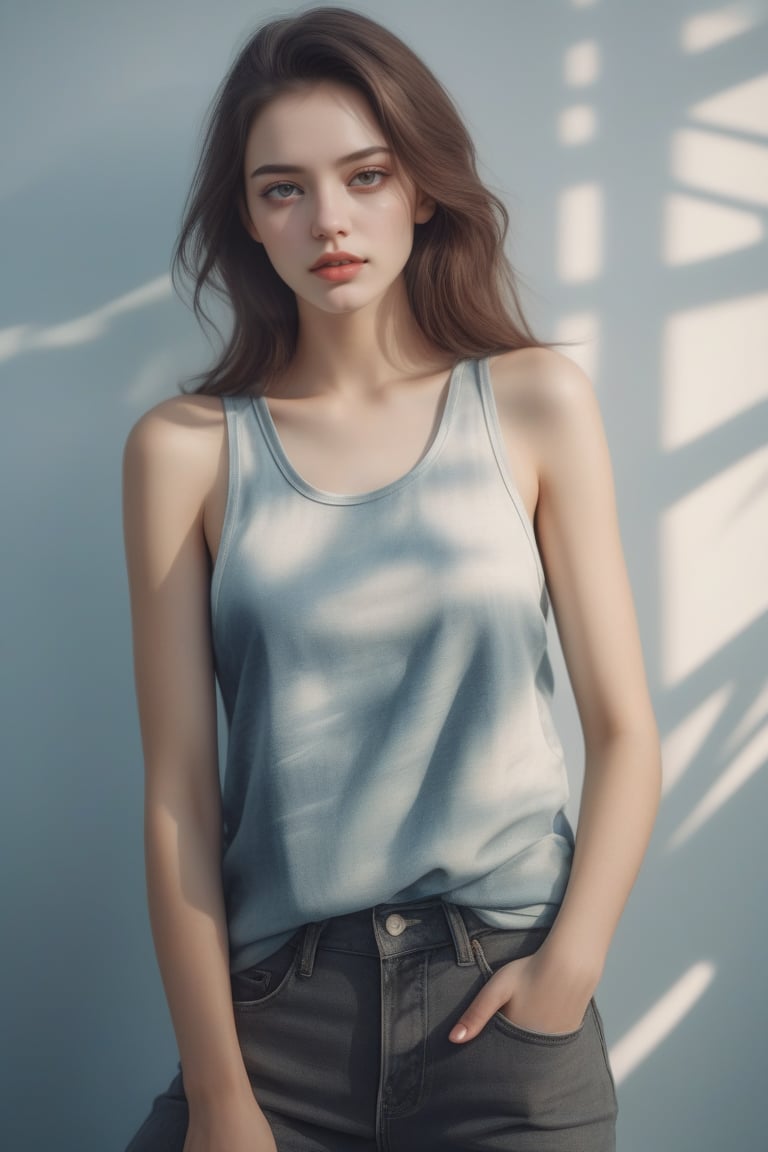 Beautiful woman wearing a tank top, analog photograph, professional fashion photoshoot, hyperrealistic, masterpiece, trending on artstation,krrrsty