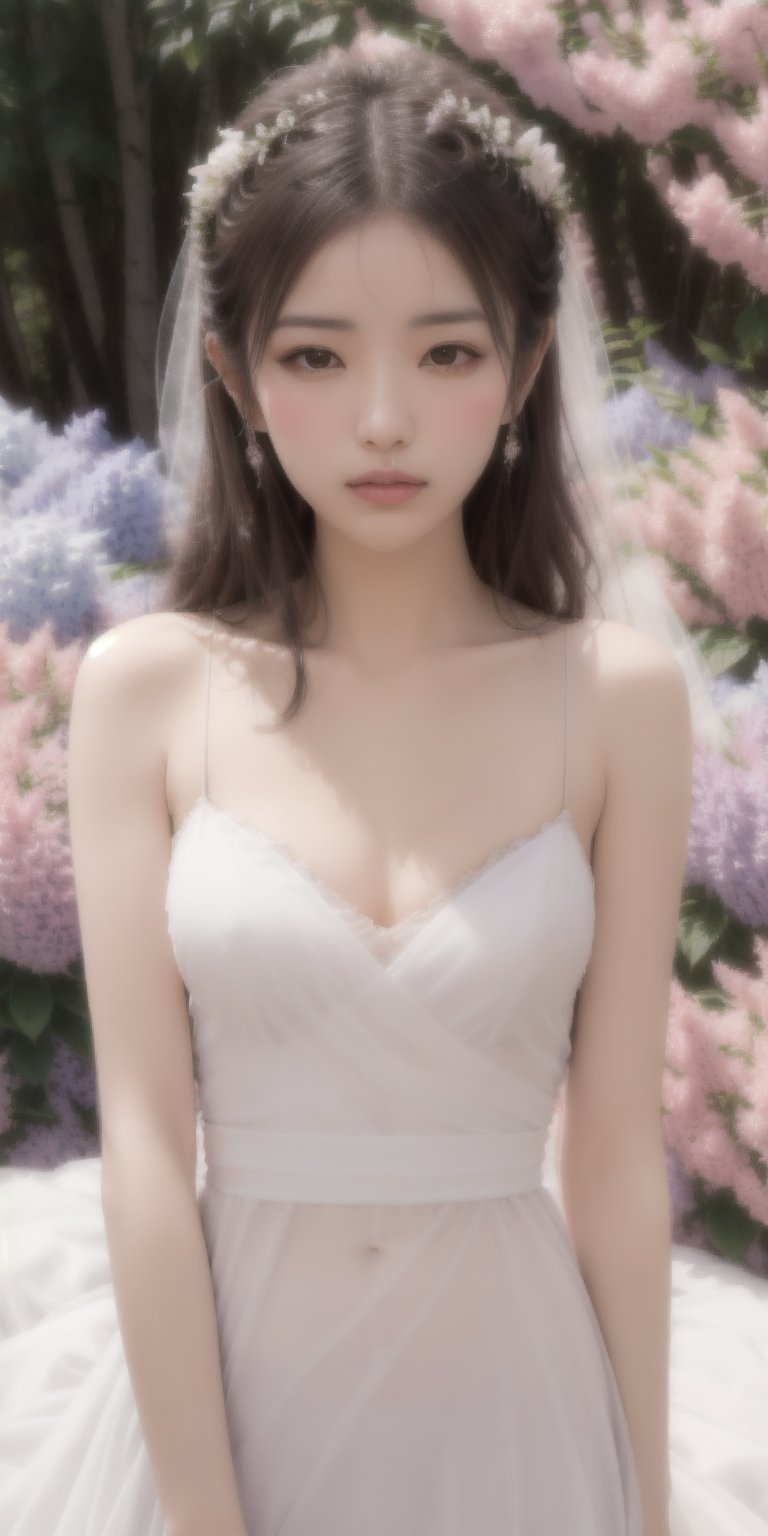 Surrealistic digital painting of a young woman with fair skin, 
White wedding dress, wedding photos,
curly fair hair, delicate facial features, enshrouded in a graceful, light pink fabric, slumbering among a plush hydrangea bed of pink and white blossoms, creating a dreamy, ethereal ambiance, palette consisting largely of pinks, whites, and lilacs, invoking a sense of serenity and tranquility, painterly strokes result in. A soft-focused portrait of a young woman with fair skin and curly brown hair with bangs, her delicate facial features illuminated by the gentle glow of a subtle pink fabric wrap. She slumbers amidst a plush hydrangea bed, where pink and white blossoms gently unfold, creating a dreamy, ethereal ambiance. Brushstrokes whisper whispers of pinks, whites, and lilacs, weaving a tapestry of serenity and tranquility. burlesque,shabby chic, fine art, epic, Boho gypsy, marquise, duchesse, dark fantasy.
White wedding dress, wedding photos,