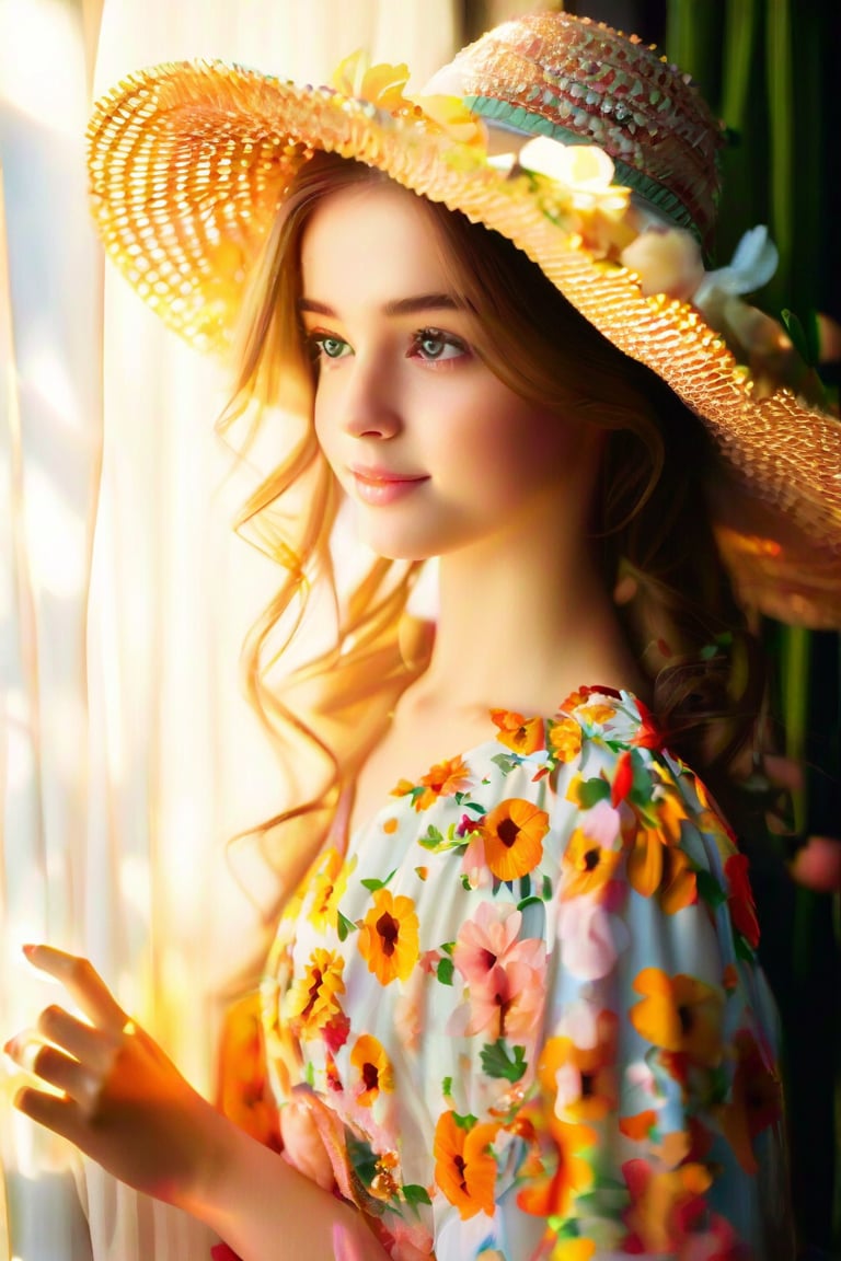 (extreme close up:1.4), (face focus:1.4),(side face:1.4)),(1girl surrounded by soft_light:1.4), (backlighting:1.4), (lighting),(flowing fabric:1.3), ((Floral_summer_dress:1.4),(Straw_hat:1.3)),
(masterpiece), realistic, HDR, highly detailed, 8k, raw photo,
ambient occlusion, natural, harmonious composition, warm tones, fine art photography,