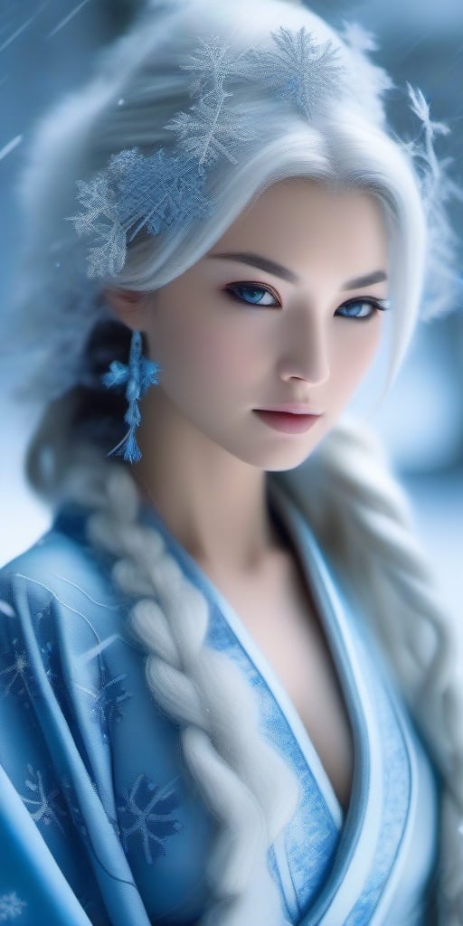 In a serene winter wonderland, Yuki Onna stands solo, showcasing her model-like physique in perfect female form. A cloud of ice smoke swirls around her as she gazes into the distance with an aura of strength. Her long, light blue hair cascades down her back, adorned with a hair ornament and blue ribbon, while a blue earring sparkles on her bare shoulder. Elegantly draped in a Japanese kimono across her medium-breasted form, snowflakes gently fall around her. Her blue eyes hold a mesmerizing power, set against the holy atmosphere of winter's silence.