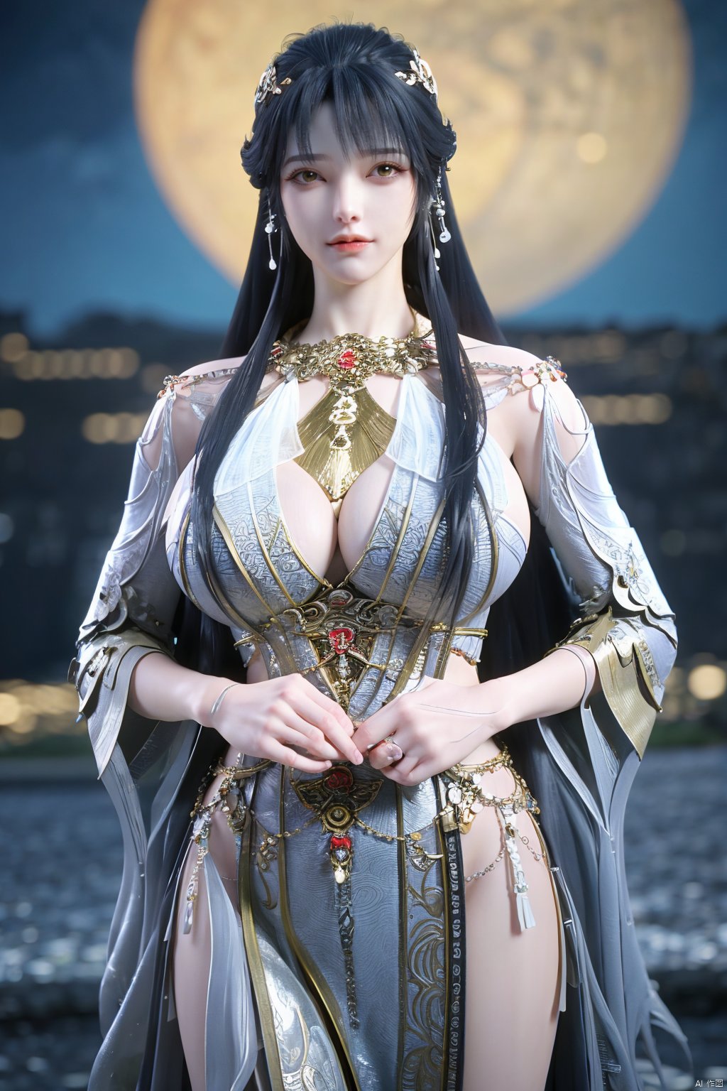 (Masterpiece:1.2), best quality,1girl, looking_at_viewer,(big breasts:1.69),Xyaoye,Large aperture, blurred background, spring scene,flowers,Xsimiaoling,full moon,Xbaiyuerong