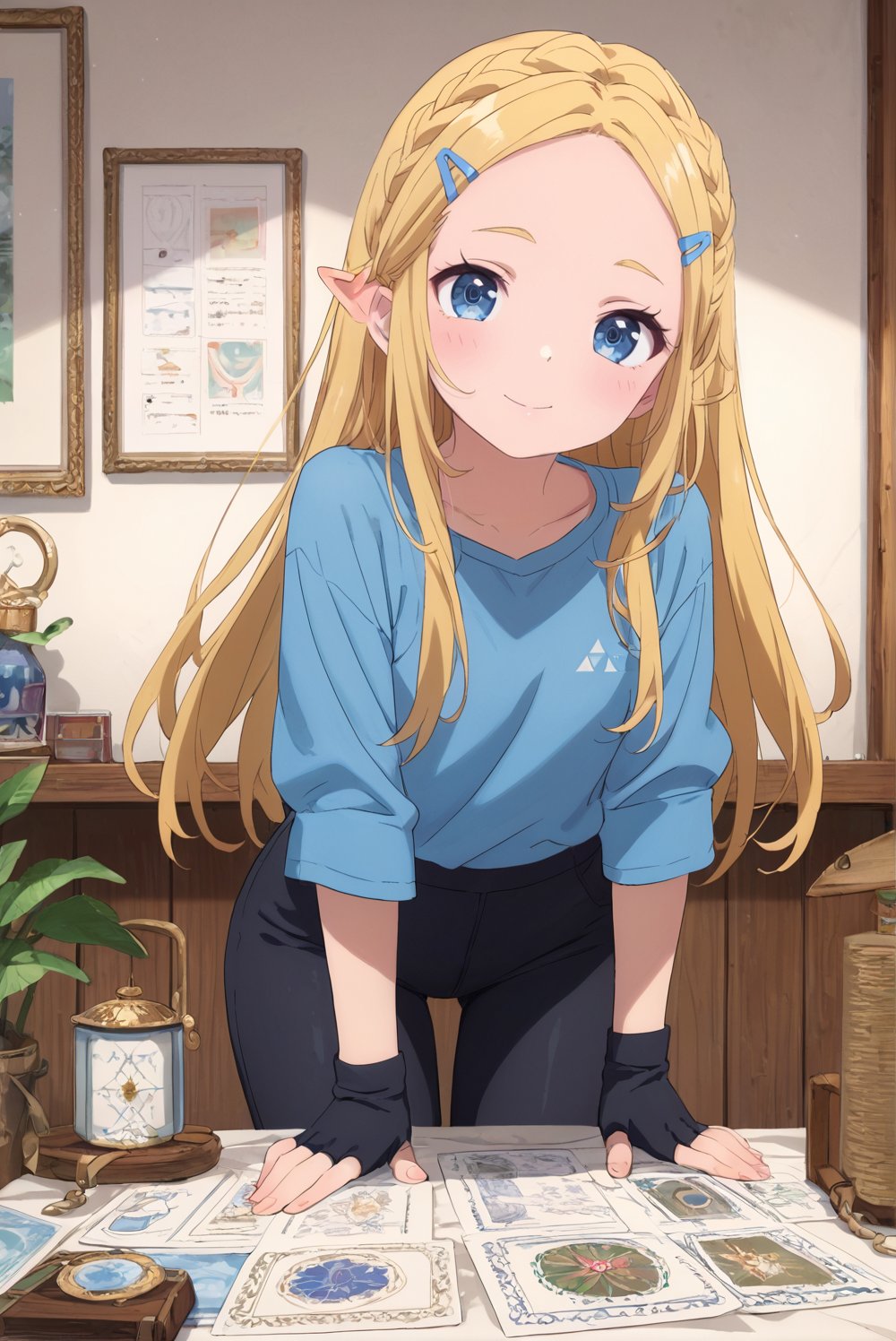 score_9_up, score_8_up, score_7_up, source_anime, 1girl,beautiful detailed eyes, ((masterpiece,best quality)), absurdres, solo, princess zelda, long hair, braided_hair, hairclip, pointy ears, blue shirt, long sleeves, fingerless gloves, black gloves, black pants, tight pants, smile, curvy, head tilt
