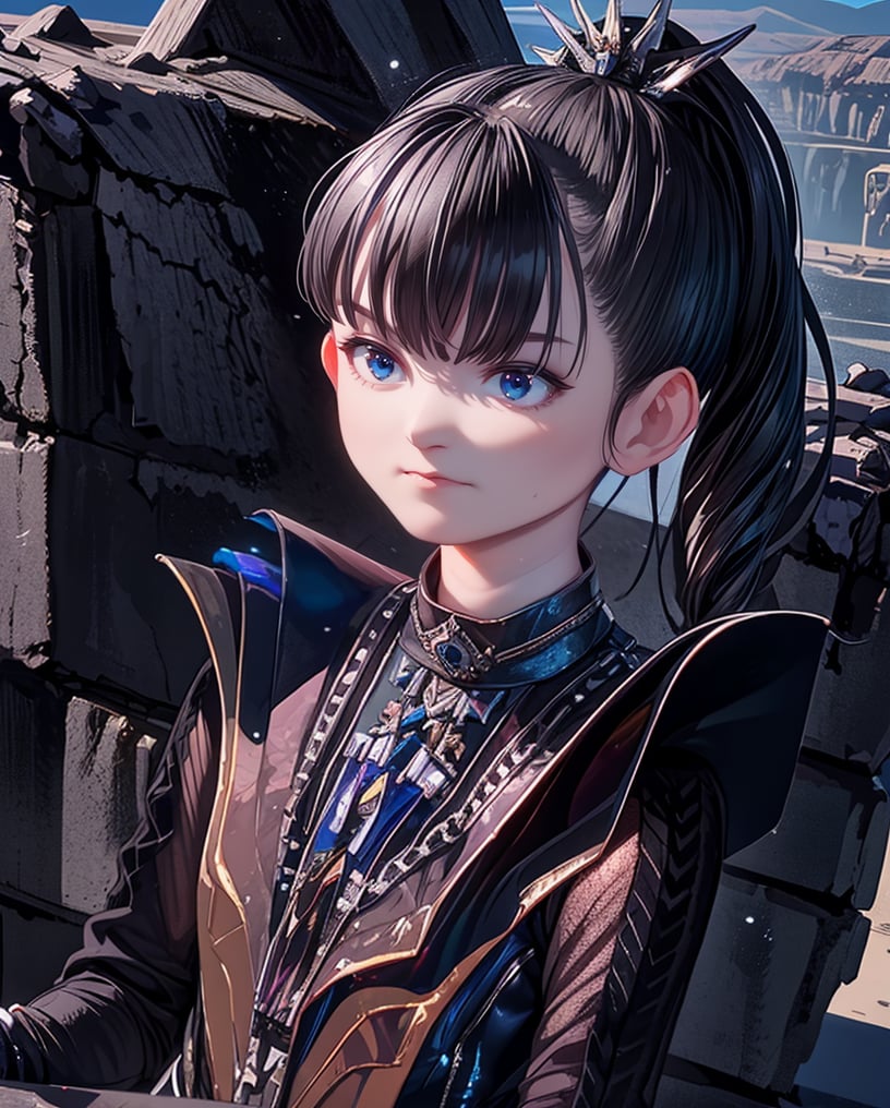 1 girl with a ponytail wearing black armor, upper body shot, blue sky background, highly detailed, character design, fantasy, dynamic lighting, cinematic, masterpiece by Greg Rutkowski and Artgerm, 4k resolution,sumetal,suzuka,babymetal