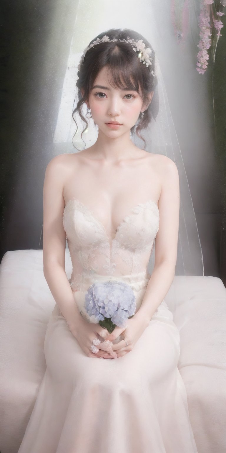 Surrealistic digital painting of a young woman with fair skin, 
White wedding dress, wedding photos,
curly fair hair, delicate facial features, enshrouded in a graceful, light pink fabric, slumbering among a plush hydrangea bed of pink and white blossoms, creating a dreamy, ethereal ambiance, palette consisting largely of pinks, whites, and lilacs, invoking a sense of serenity and tranquility, painterly strokes result in. A soft-focused portrait of a young woman with fair skin and curly brown hair with bangs, her delicate facial features illuminated by the gentle glow of a subtle pink fabric wrap. She slumbers amidst a plush hydrangea bed, where pink and white blossoms gently unfold, creating a dreamy, ethereal ambiance. Brushstrokes whisper whispers of pinks, whites, and lilacs, weaving a tapestry of serenity and tranquility. burlesque,shabby chic, fine art, epic, Boho gypsy, marquise, duchesse, dark fantasy.
White wedding dress, wedding photos,