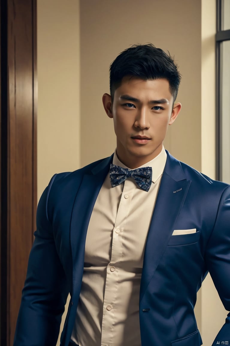 jzns,1man,male focus,solo,handsome,asian,charming eys,bodybuilder,underwear,untied bowtie,muscular,indoors,masterpiece,realistic,best quality,highly detailed,jm,gx3