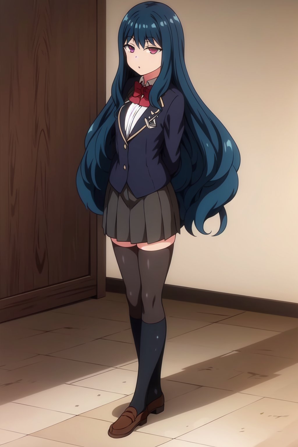 1girl, long hair, solo, skirt, school uniform, socks, blue hair, jacket, very long hair, purple eyes, pleated skirt, shoes, loafers, blazer, bow, full body, brown footwear, standing, kneehighs, arms behind back, black socks, shirt, bowtie, long sleeves, green hair,official art, looking at viewer, , remely detailed CG unity 8k wallpaper, Colorful, (masterpiece:1.0), (best_quality:1.0), ultra high res, 4K, ultra-detailed,aiue oka