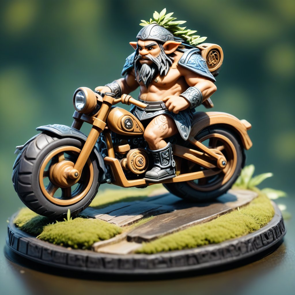 A druidic ogre on a motorbike, isometric, miniature, tilt shift, Th3Dru1d5