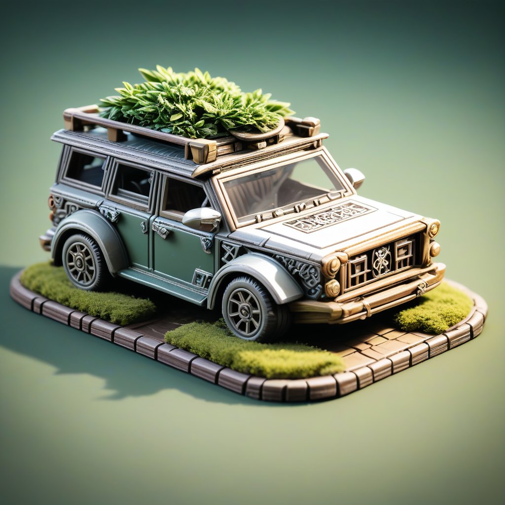 A druidic car, isometric, miniature, tilt shift, Th3Dru1d5