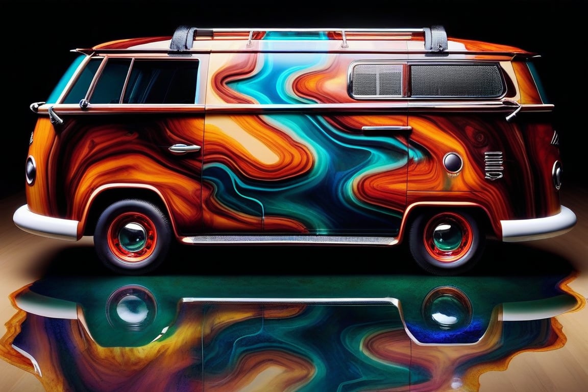 A VW campervan crafted from epoxy resin and timber, its vibrant, flowing form reflected in a shimmering pool of water. Exotic timber patterns dance across the surface, while fluid dynamic resin hues seem to flow like molten lava. The background is a blur of abstract colors, adding depth and dimensionality to the piece. No humans are present, only the still life beauty of this unique fusion concept art, AAr3s1nfl0w