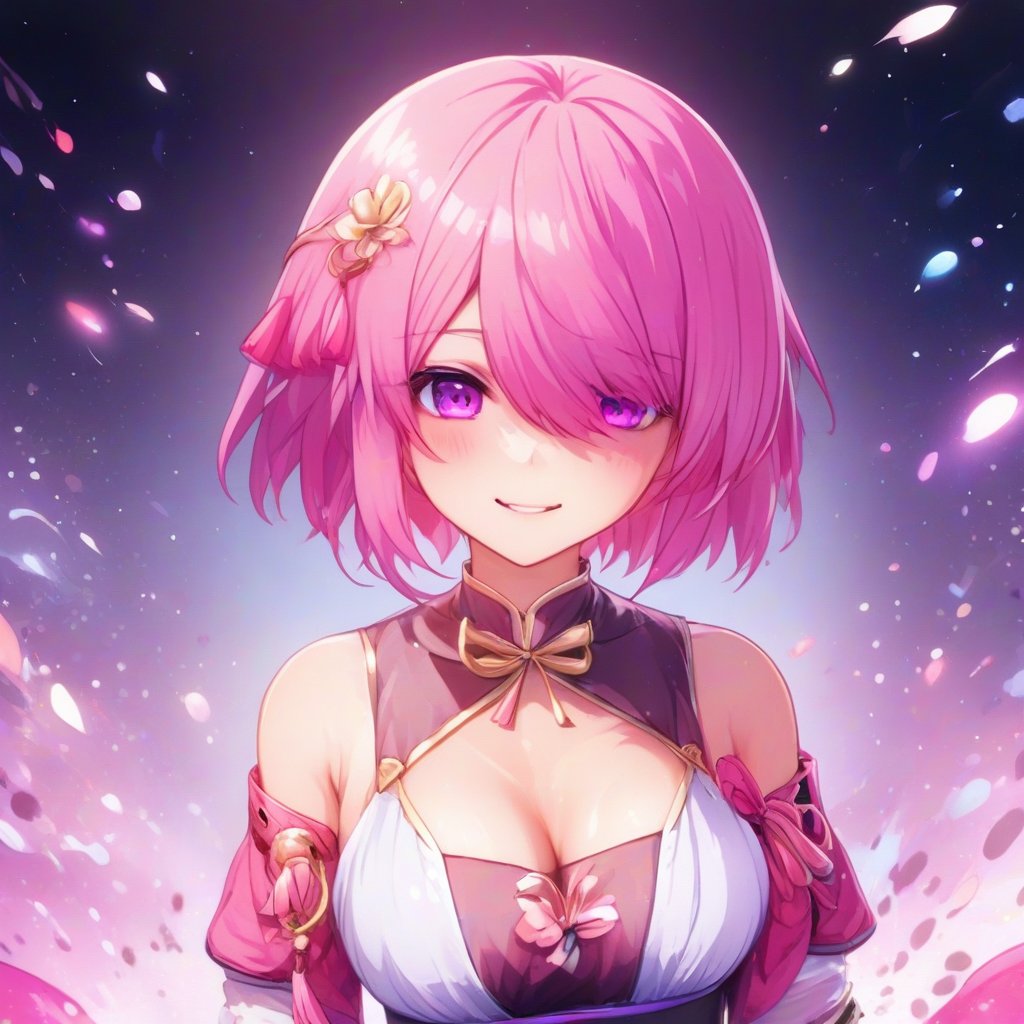 tqhndit, solo, pink hair, hair over one eye, purple eyes, hair ornament, blush, smile, looking at viewer, abstract background, color splash, light particles