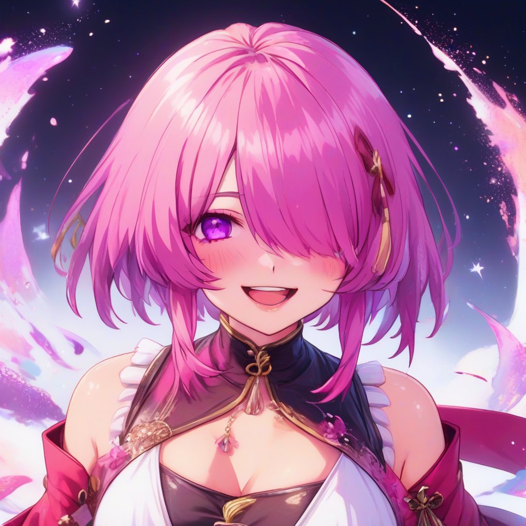 masterpiece, best quality, highly detailed, absurdres, tqhndit, solo, pink hair, hair over one eye, purple eyes, hair ornament, blush, smile, looking at viewer, abstract background, color splash, light particles