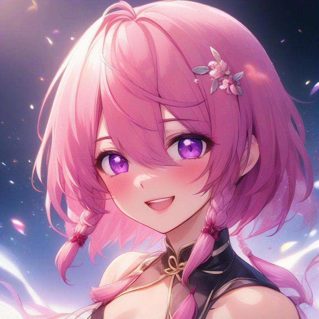 masterpiece, best quality, highly detailed, absurdres, tqhndit, solo, pink hair, bangs, hair over one eye, purple eyes, hair ornament, blush, smile, looking at viewer, abstract background, color splash, light particles