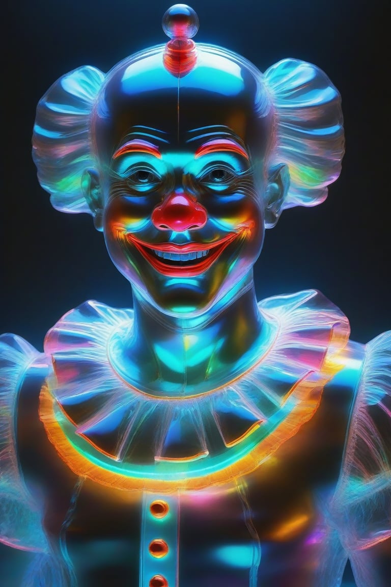 Ap0l0gr4ph1c, holographic, clown, colorful, glowing, illumination, iridescent, photo \(object\), reflection, shadow, simple background, translucent