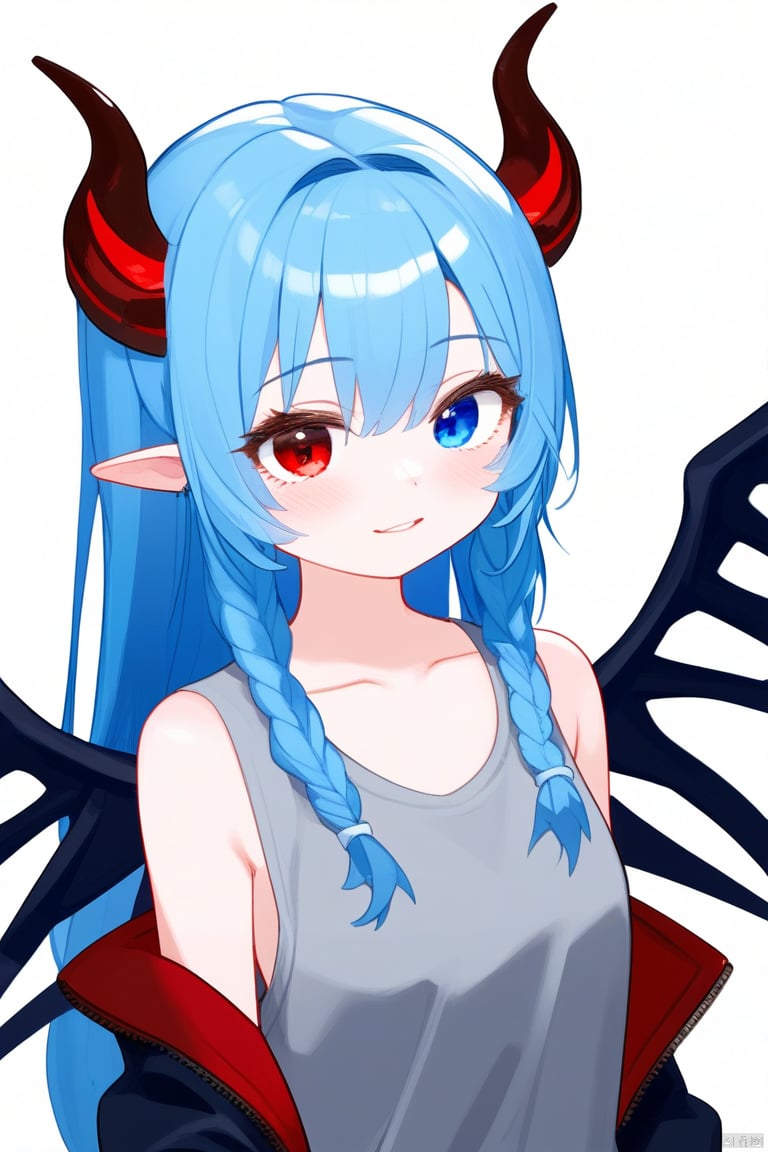 1 girl, solo, best quality, aesthetic, from behind, upper body, looking at viewer, looking back, dragon horns, closed mouth, red eyes, blue hair, long hair, bangs, grey shirt, long sleeves, bird, feathers,