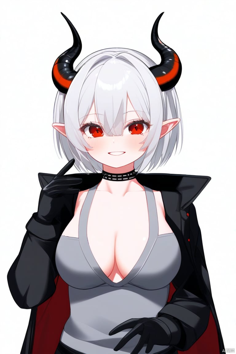  NAI3,   1girl, demon horns, solo, best quality, white background, simple background, upper body, looking at viewer, closed mouth, red eyes, orange eyes, short hair, white hair, grey hair, multicolored hair, silver hair, bangs, ahoge, medium breasts, black jacket, open jacket, grey shirt, black scarf, gloves, antennae