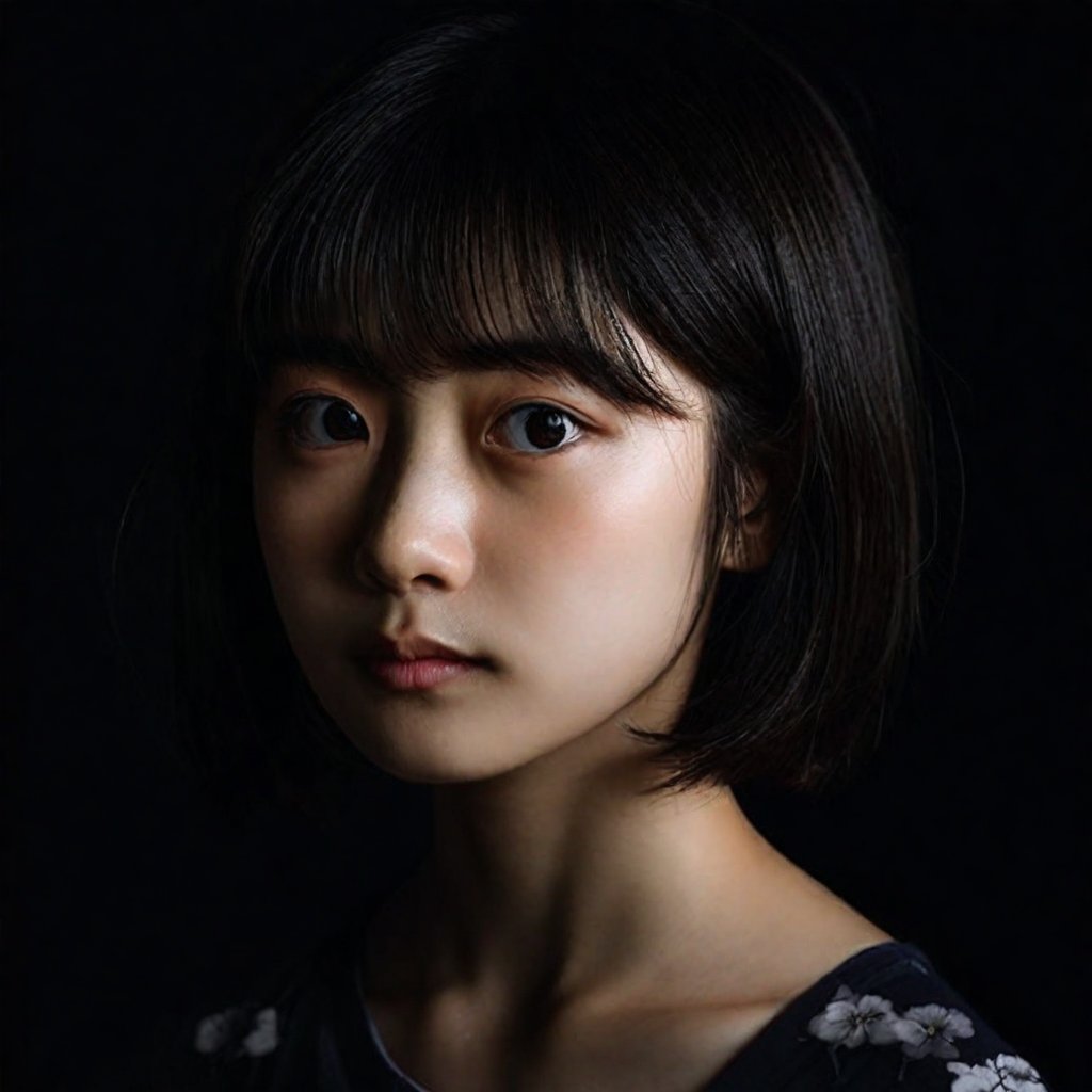 a lowkey portrait of japanese girl , short hair, (black background, dark background)