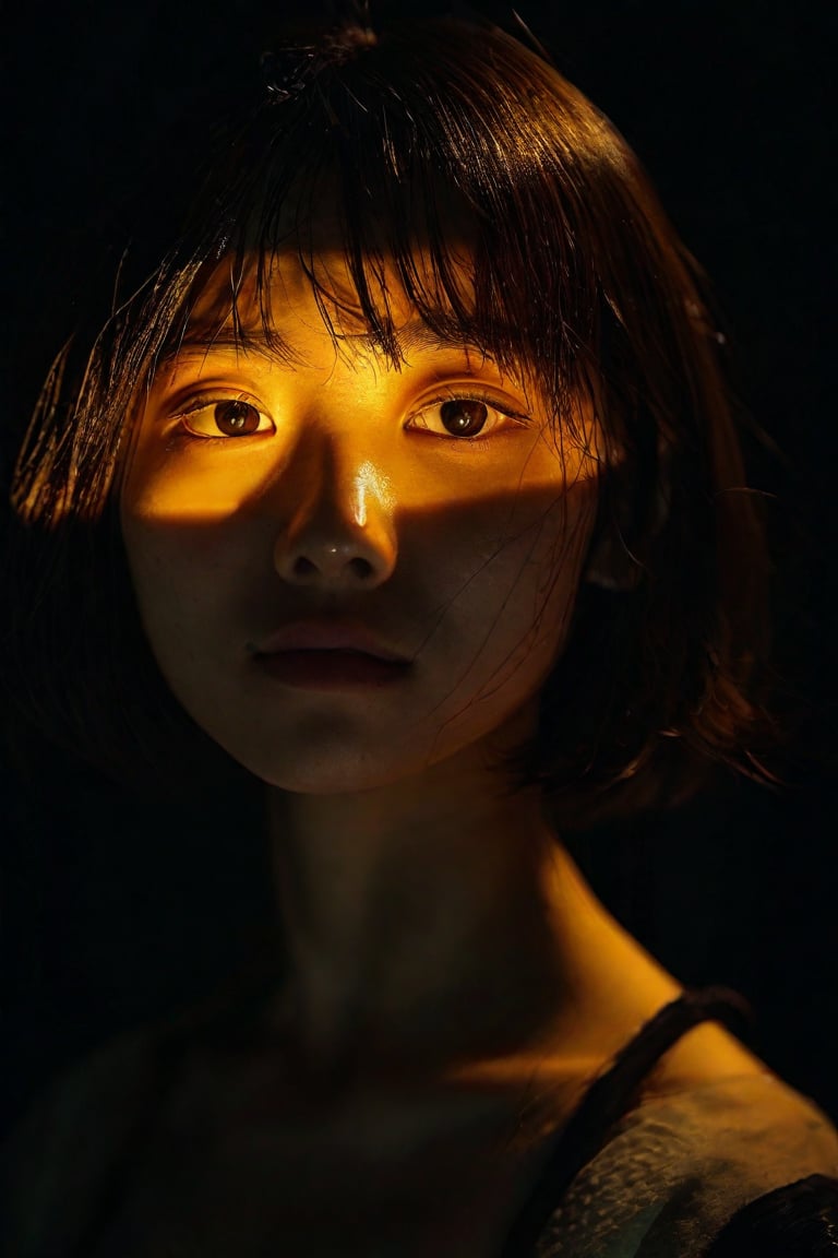 A mysterious Japanese girl with short hair gazes softly into the camera lens, her features illuminated by a subtle golden glow against a deep black background. Her slender figure is framed by the darkness, her eyes and skin tones standing out in striking contrast.