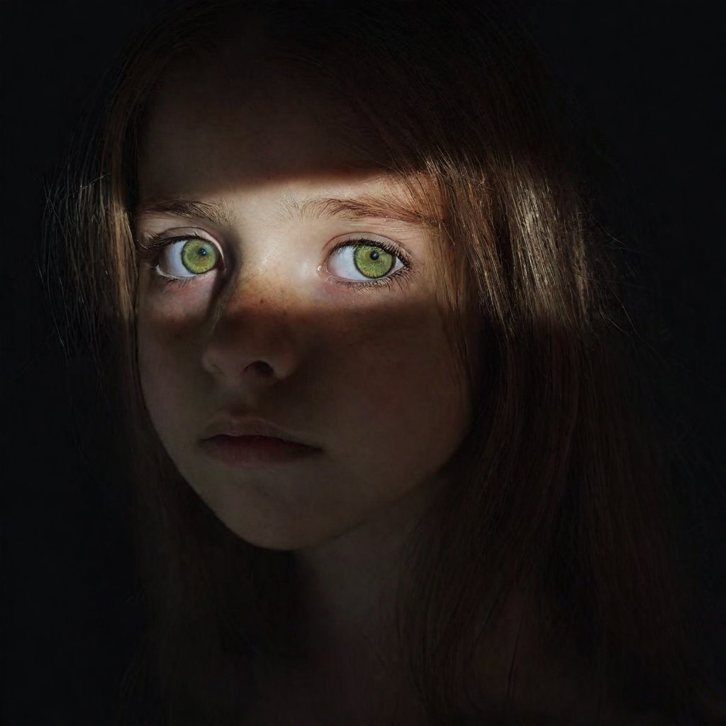 a lowkey portrait of a girl with long hair, featuring brown and black hues, green eyes, and heterochromia. She has a closed mouth, realistic lips and nose, and is looking to the side. The image is dark and photorealistic