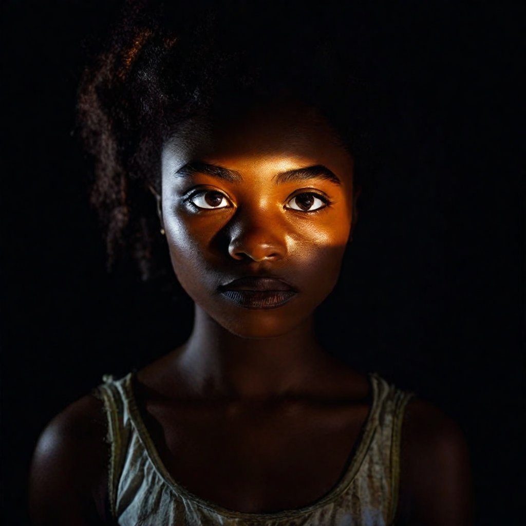 lowkey portrait of young african girl, dark background, glowing eyes