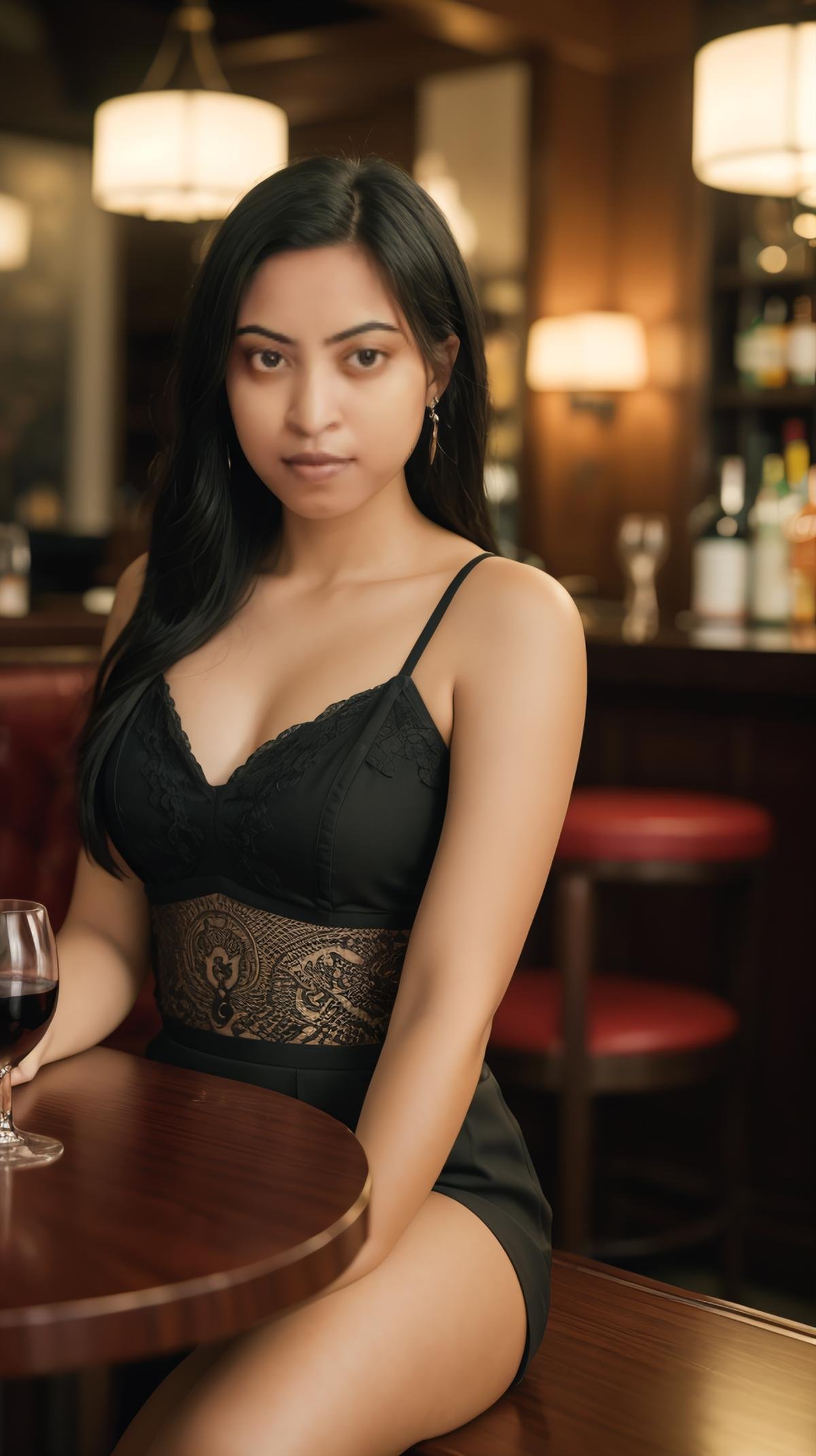 casual photo of a female, adult. a model,Sitting at a mahogany bar, drinking a glass of wine. Sophisticated and elegant atmosphere. Vibrant colors. Detailed expressive eyes. Mood lighting. (8k, RAW photo, best quality, depth of field, ultra high res:1.2), (intricate, photorealistic, masterpiece, ultra-detailed), dynamic lighting, absurd res, highly detailed, masterpiece, <lora:GoodHands-beta2:0.8>