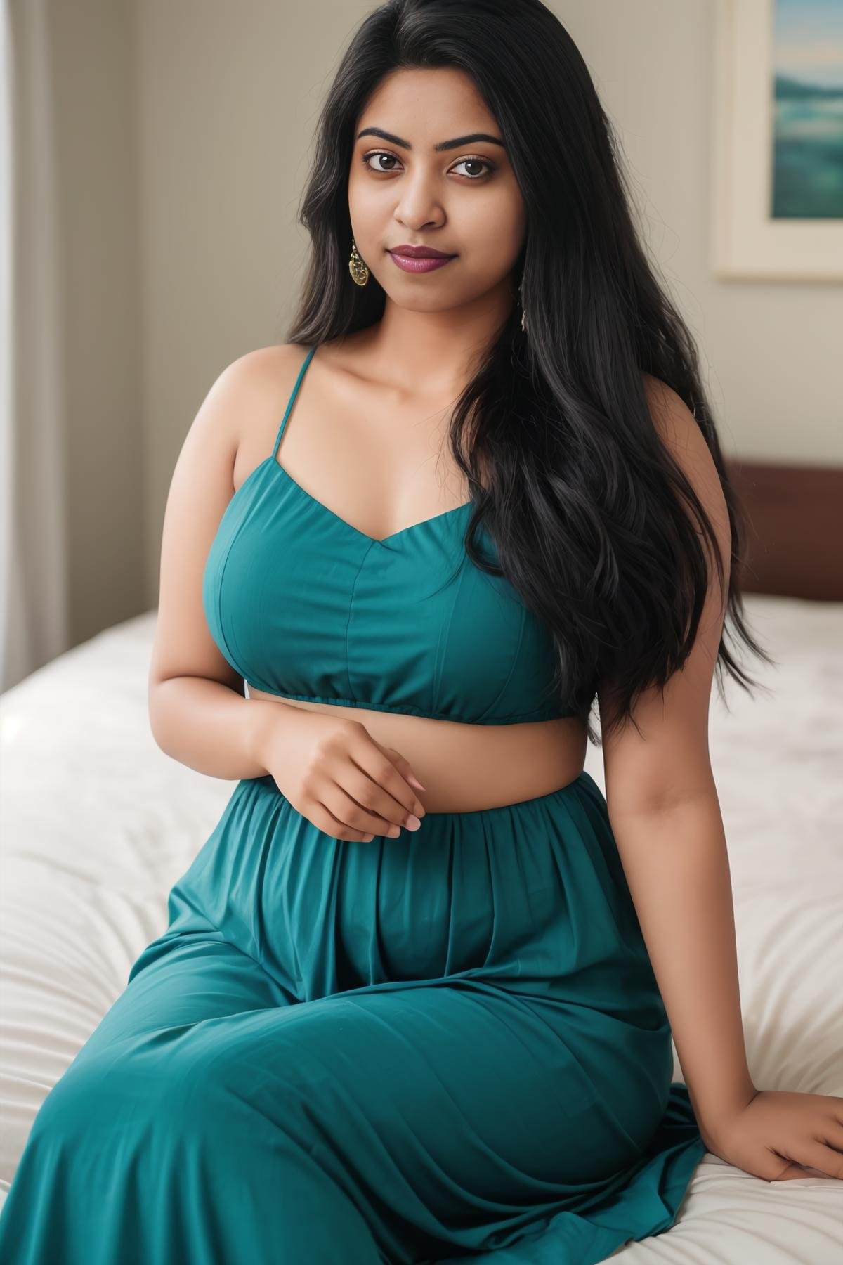 casual photo of a female, adult, indian girl 22 years old. a model,masterpiece, best quality, ultra-detailed, 8K),high detail, realisitc detailed, a beautiful young mature pakistani women slight fat curvy body with long flowy black hair over shoulders in the dark, waeraing a full tight tradational indian tradational dress layin on the bed in tempting manner, blue eyes, pale soft skin, kind smile, glossy lips, a serene and contemplative mood, red lips,hd makeup,Indian,(blue eyes)(temptaation shy manner, absurd res, highly detailed, masterpiece, <lora:GoodHands-beta2:0.8>