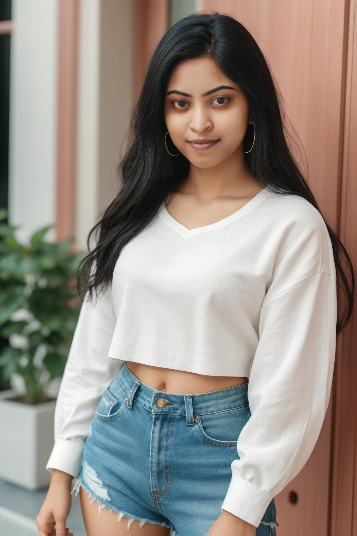 casual photo of a female, adult, indian girl 22 years old. a model, (best quality, 4k, 8k, highres, masterpiece:1.2), ultra-detailed, (realistic, photorealistic, photo-realistic:1.37), woman, full body, detailed face and hand, beautiful detailed eyes, cute smile, trendy instagram influencer, wearing a fashionable white and pink top, studio lighting, absurd res, highly detailed, masterpiece, <lora:GoodHands-beta2:0.8>