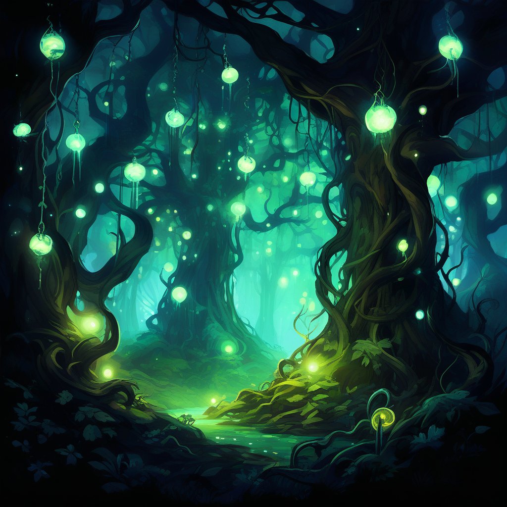 RPG_Background,. Dark Enchanted Forest with Twisted Trees, "A dark and mysterious enchanted forest, with twisted trees and glowing, magical orbs hanging in the air. The forest floor is covered in strange, bioluminescent plants, and the atmosphere is eerie and otherworldly. The scene feels like a place of hidden secrets and ancient magic."