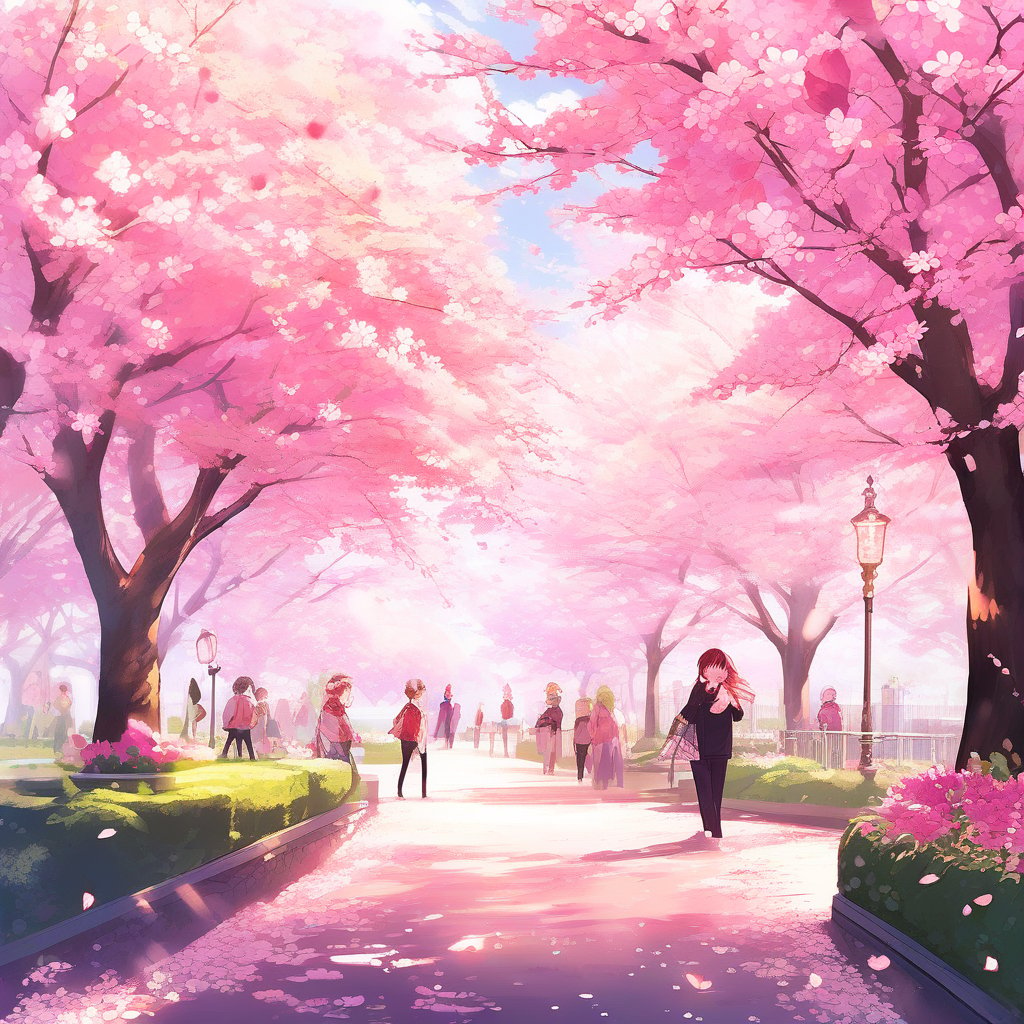 RPG_Background, .  City Park with Cherry Blossoms in Full Bloom, "A charming city park, with cherry blossoms in full bloom, creating a pink canopy over winding paths. The air is filled with the scent of flowers, and the scene is lively with people enjoying the beauty of spring. The atmosphere is joyful and picturesque, capturing a fleeting moment of seasonal beauty."