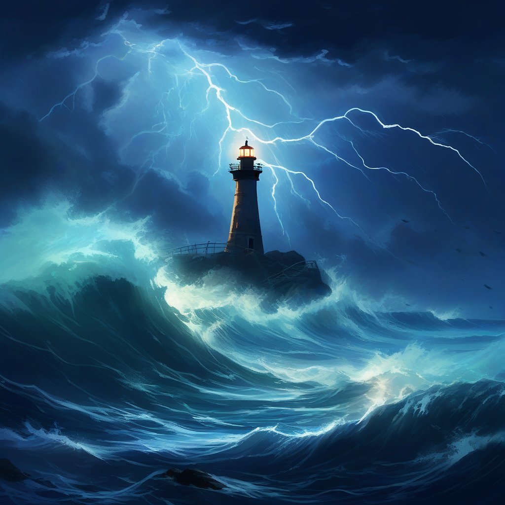 RPG_Background, . Stormy Ocean with a Lighthouse in the Distance, "A stormy ocean scene, with dark, churning waves and a distant lighthouse standing tall against the elements. The sky is overcast, and lightning flashes intermittently, illuminating the turbulent waters. The atmosphere is intense and dramatic, with the lighthouse serving as a beacon of hope amidst the chaos."