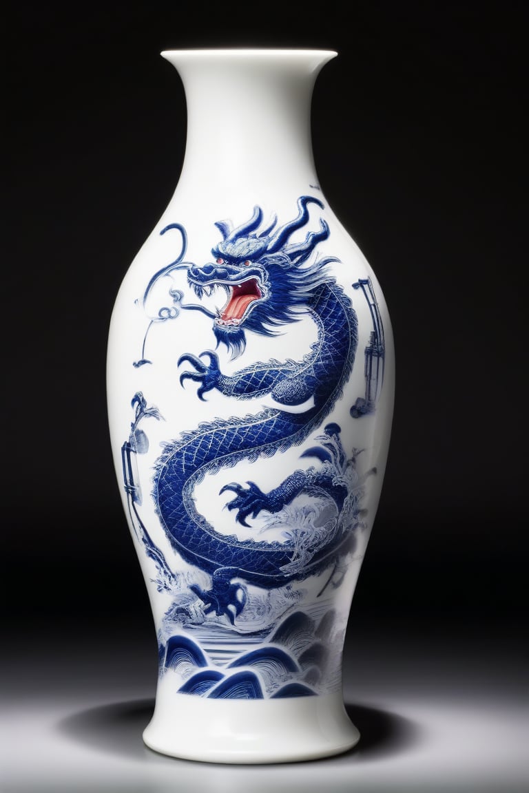 Create an image of a white Chinese vase with a Theo blue ink drawing of a Chinese dragon and a calligraphy inscription. The vase is set against a velvet black background, illuminated by a soft box light effect, highlighting the intricate details and the vibrant blue ink. The composition focuses on the vase, with the dragon and calligraphy prominently displayed, capturing the elegance and cultural significance of the piece.,Unique Masterpiece,Enhanced Realistic,Truly Asian Beauty