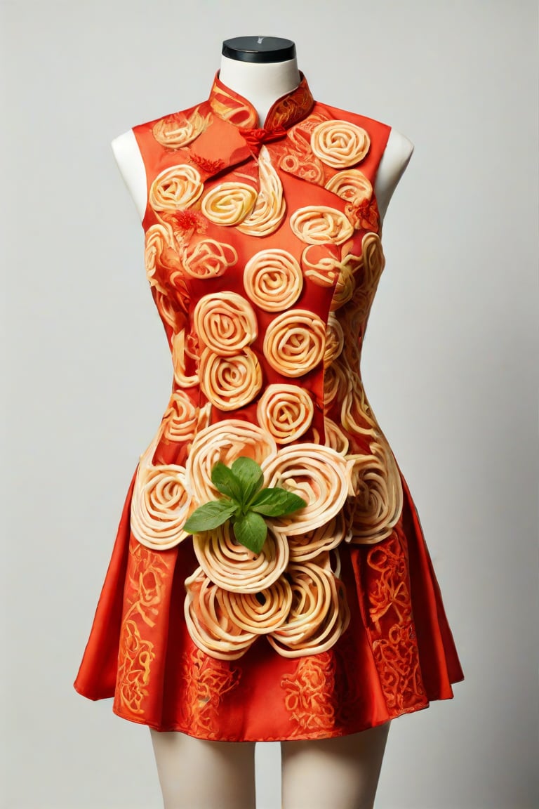 The image is an artistic representation of a an outfit with a Vietnamese noodle pattern. The outfit features a unique design element: a plate of food positioned on the waist area, suggesting a fusion of fashion and culinary art. This could be interpreted as a playful take on the concept of "eating fashion," where clothing is not just worn but also becomes a canvas for gastronomic art. The floral pattern adds a traditional and perhaps feminine touch to the garment. The overall impression is one of creativity and whimsy, blending the worlds of fashion and food in a visually engaging way.