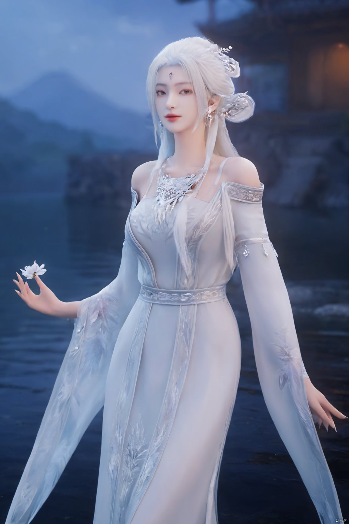 (masterpiece,best quality),1girl, solo, long hair, (big breasts:1.69), looking at viewer, dress, bare shoulders, jewelry, white hair, earrings, detached sleeves, wings, necklace, white dress, lips, tiara,Xtianhuxiaobai,Maple leaves, flowers,waterfalls, volcanoes,