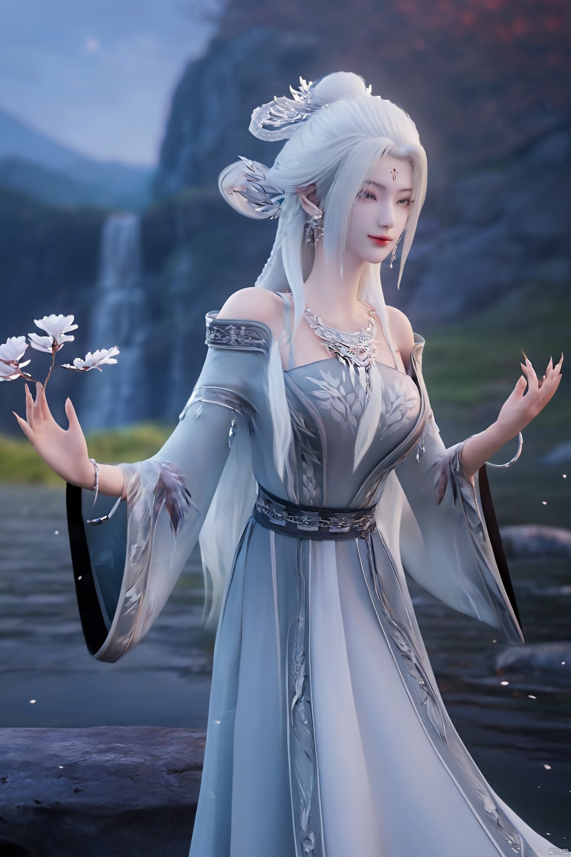 (masterpiece,best quality),1girl, solo, long hair, (big breasts:1.29), looking at viewer, dress, bare shoulders, jewelry, white hair, earrings, detached sleeves, wings, necklace, white dress, lips, tiara,Xtianhuxiaobai,Maple leaves, flowers,waterfalls, volcanoes,