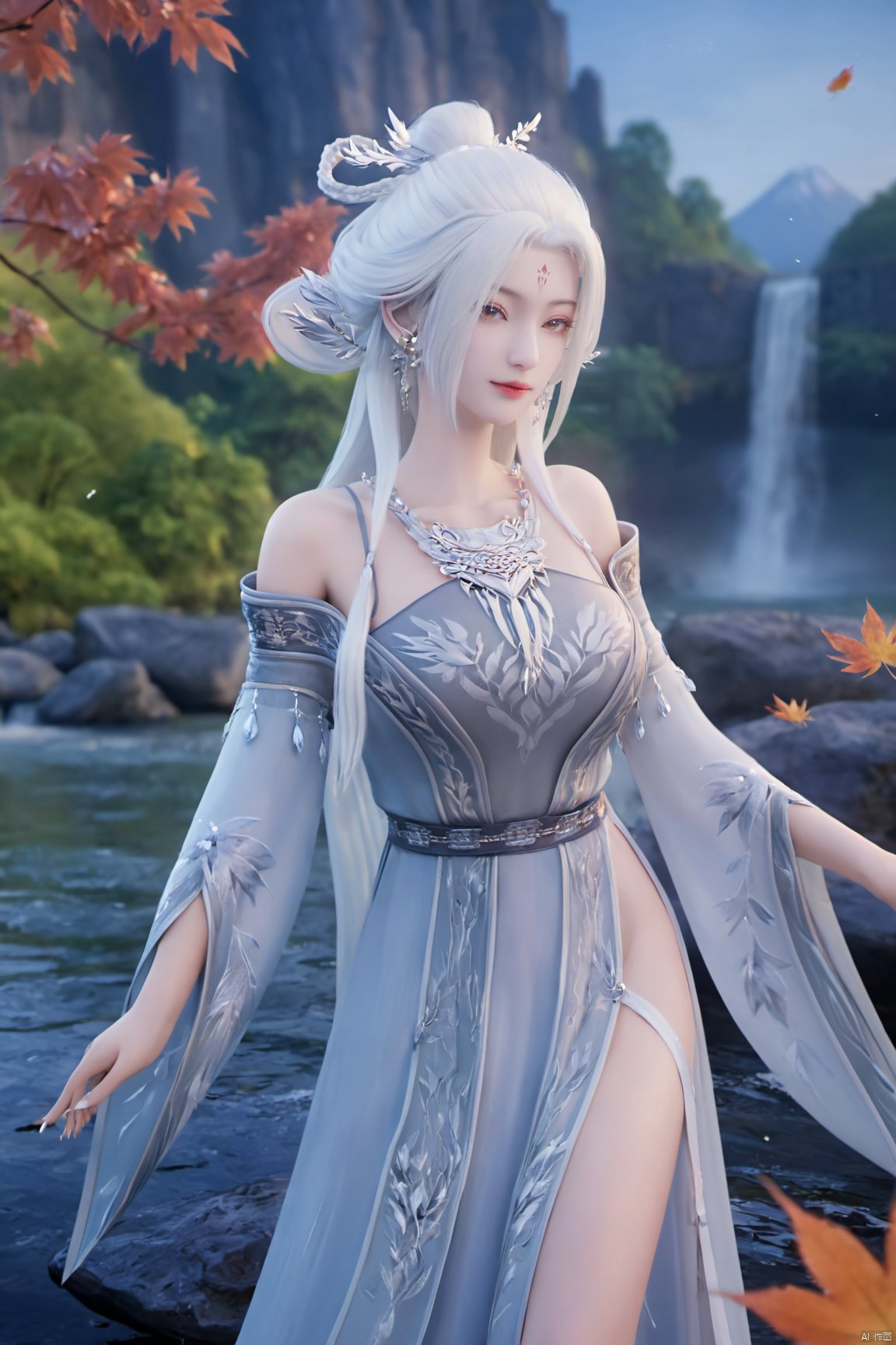 (masterpiece,best quality),1girl, solo, long hair, (big breasts:1.29), looking at viewer, dress, bare shoulders, jewelry, white hair, earrings, detached sleeves, wings, necklace, white dress, lips, tiara,Xtianhuxiaobai,Maple leaves, flowers,waterfalls, volcanoes,