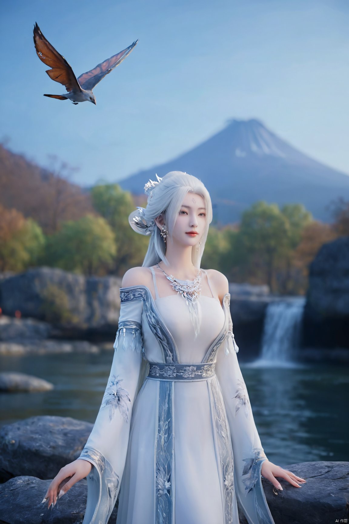 (masterpiece,best quality),1girl, solo, long hair, (big breasts:1.29), looking at viewer, dress, bare shoulders, jewelry, white hair, earrings, detached sleeves, wings, necklace, white dress, lips, tiara,Xtianhuxiaobai,Maple leaves, flowers,waterfalls, volcanoes,