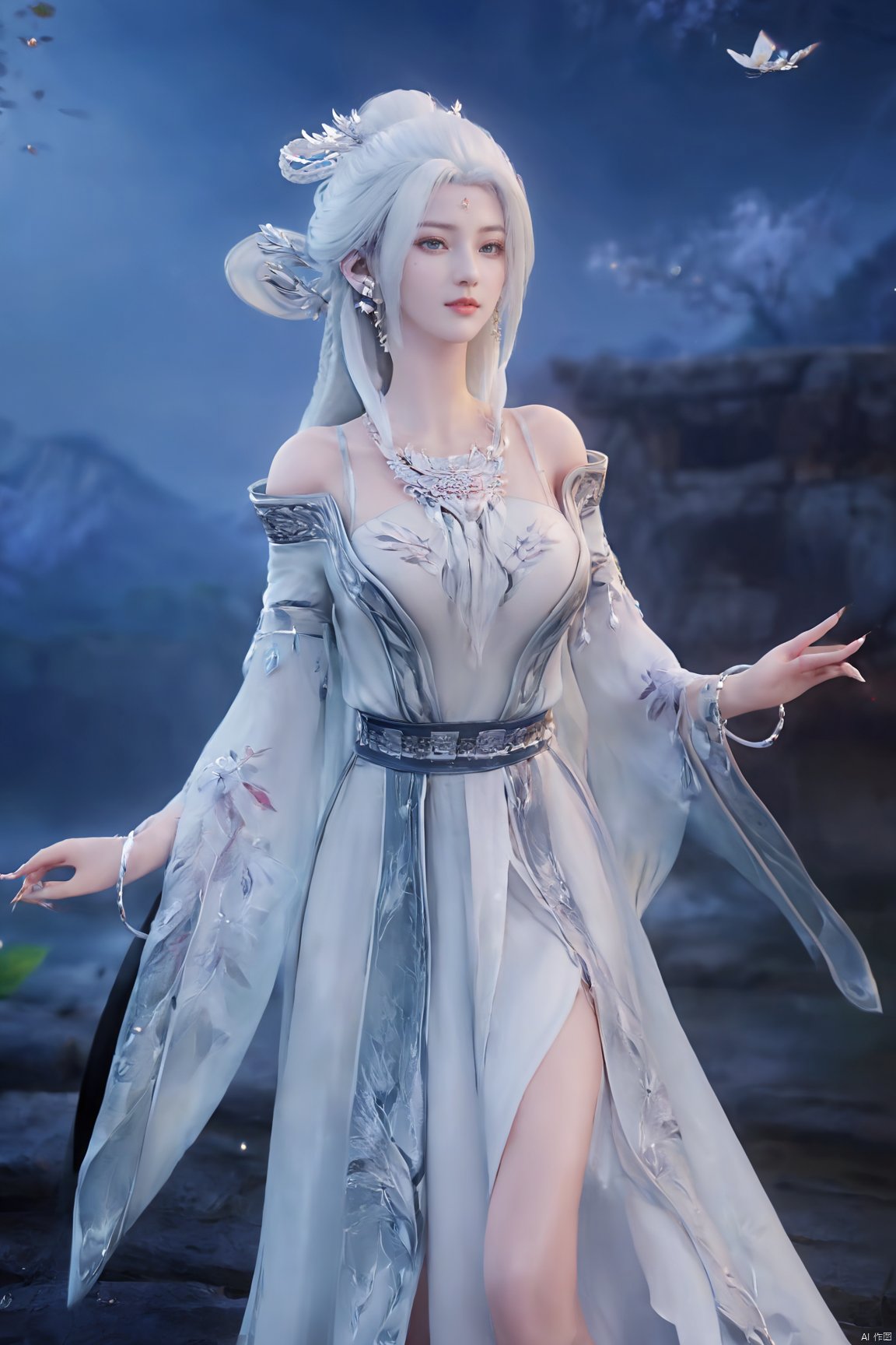 (masterpiece,best quality),1girl, solo, long hair, (big breasts:1.69), looking at viewer, dress, bare shoulders, jewelry, white hair, earrings, detached sleeves, wings, necklace, white dress, lips, tiara,Xtianhuxiaobai,Maple leaves, flowers,waterfalls, volcanoes,