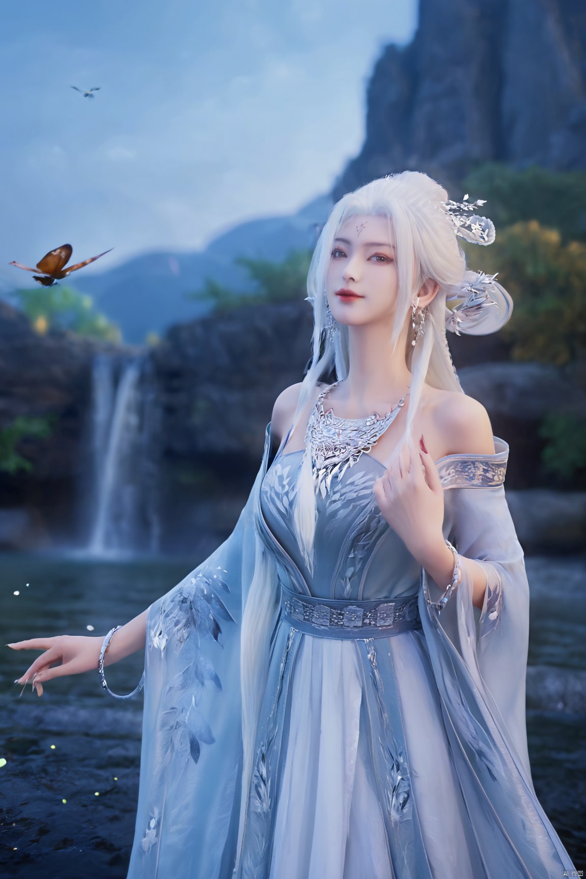 (masterpiece,best quality),1girl, solo, long hair, (big breasts:1.69), looking at viewer, dress, bare shoulders, jewelry, white hair, earrings, detached sleeves, wings, necklace, white dress, lips, tiara,Xtianhuxiaobai,Maple leaves, flowers,waterfalls, volcanoes,