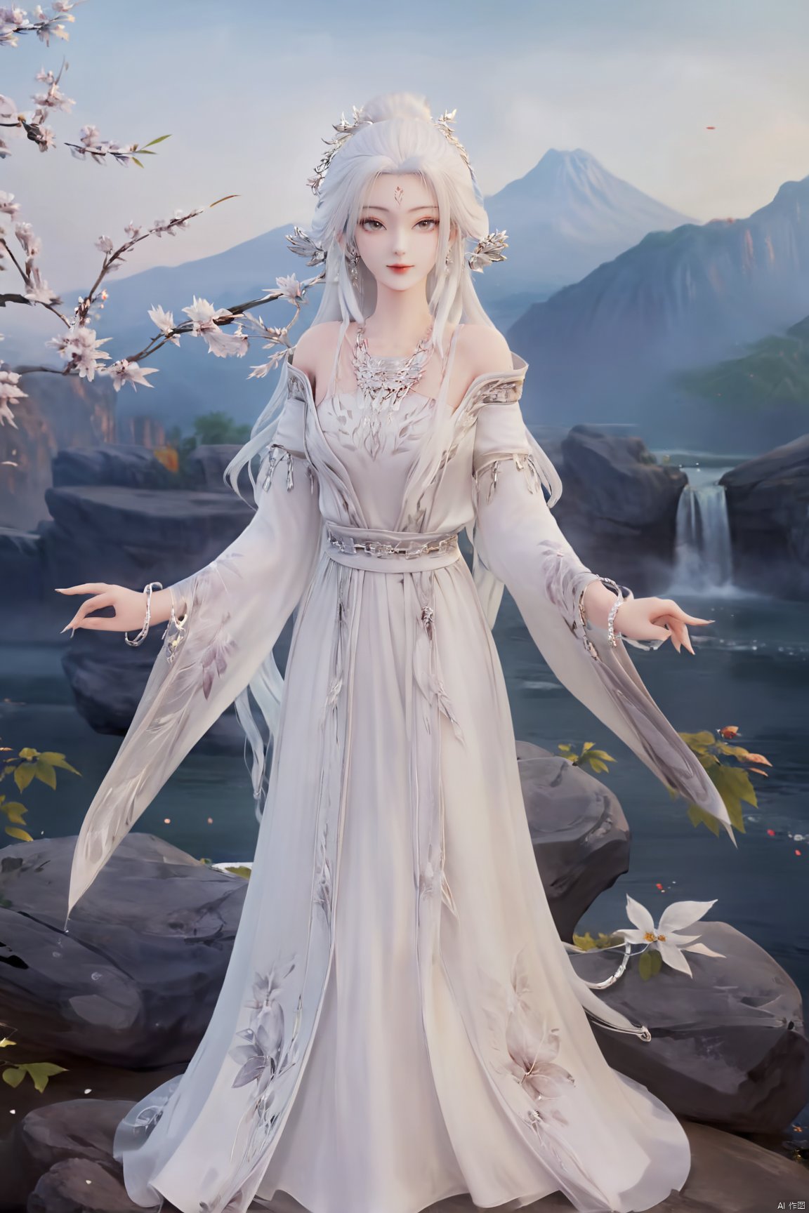 (masterpiece,best quality),1girl, solo, long hair, (big breasts:1.29), looking at viewer, dress, bare shoulders, jewelry, white hair, earrings, detached sleeves, wings, necklace, white dress, lips, tiara,Xtianhuxiaobai,Maple leaves, flowers,waterfalls, volcanoes,