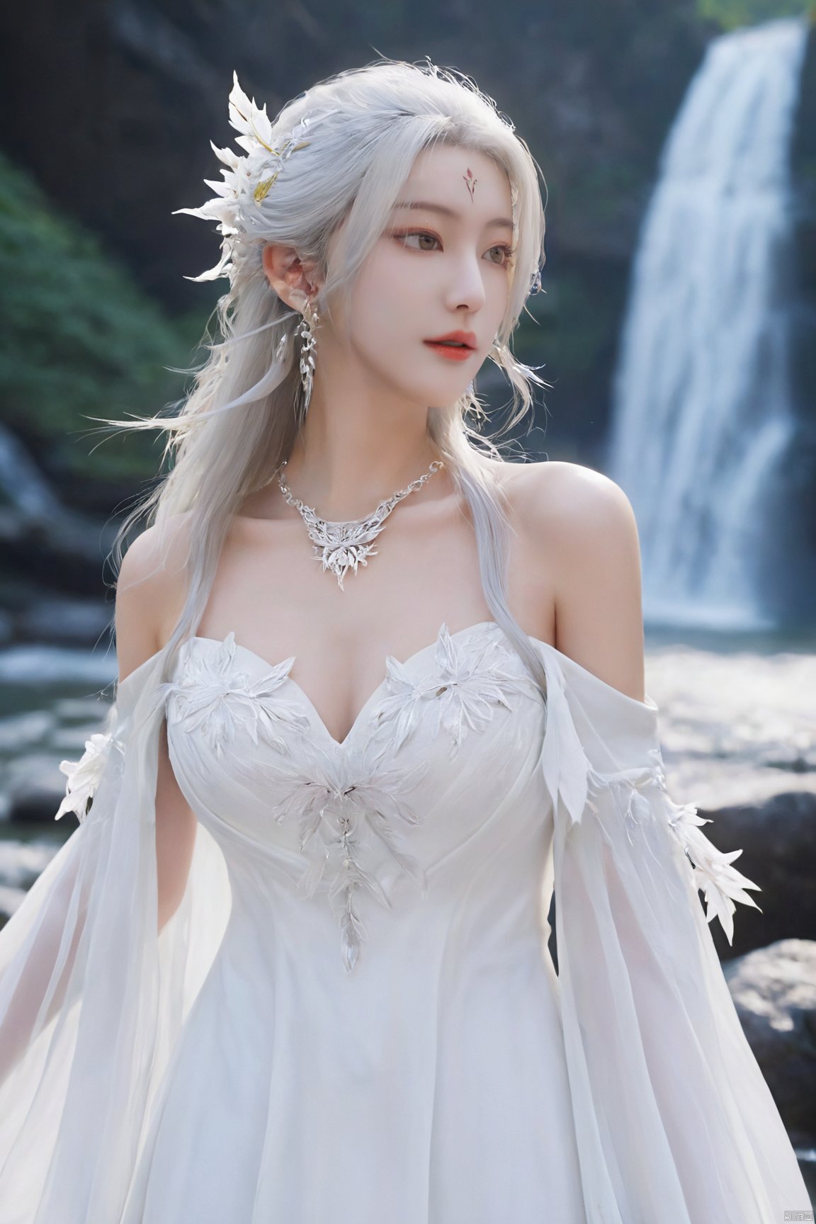 (masterpiece,best quality),1girl, solo, long hair, (big breasts:1.69), looking at viewer, dress, bare shoulders, jewelry, white hair, earrings, detached sleeves, wings, necklace, white dress, lips, tiara,Xtianhuxiaobai,Maple leaves, flowers,waterfalls, volcanoes,