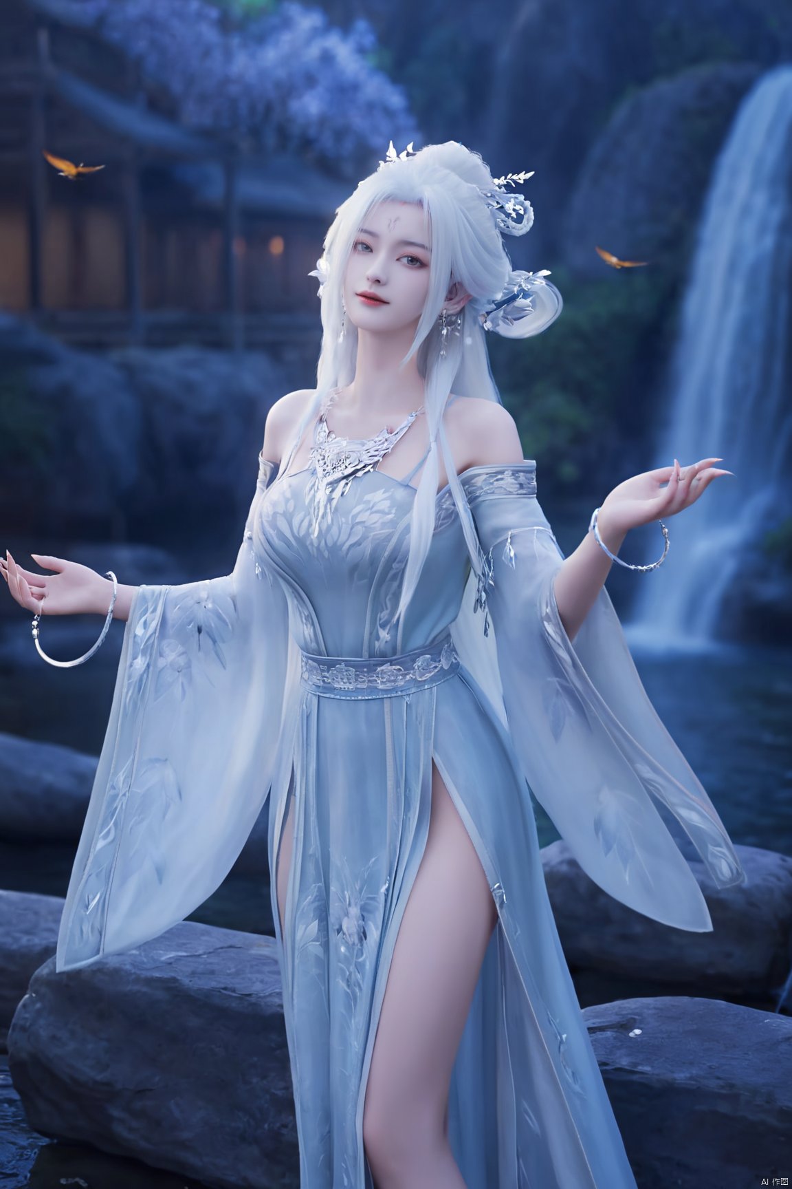 (masterpiece,best quality),1girl, solo, long hair, (big breasts:1.29), looking at viewer, dress, bare shoulders, jewelry, white hair, earrings, detached sleeves, wings, necklace, white dress, lips, tiara,Xtianhuxiaobai,Maple leaves, flowers,waterfalls, volcanoes,