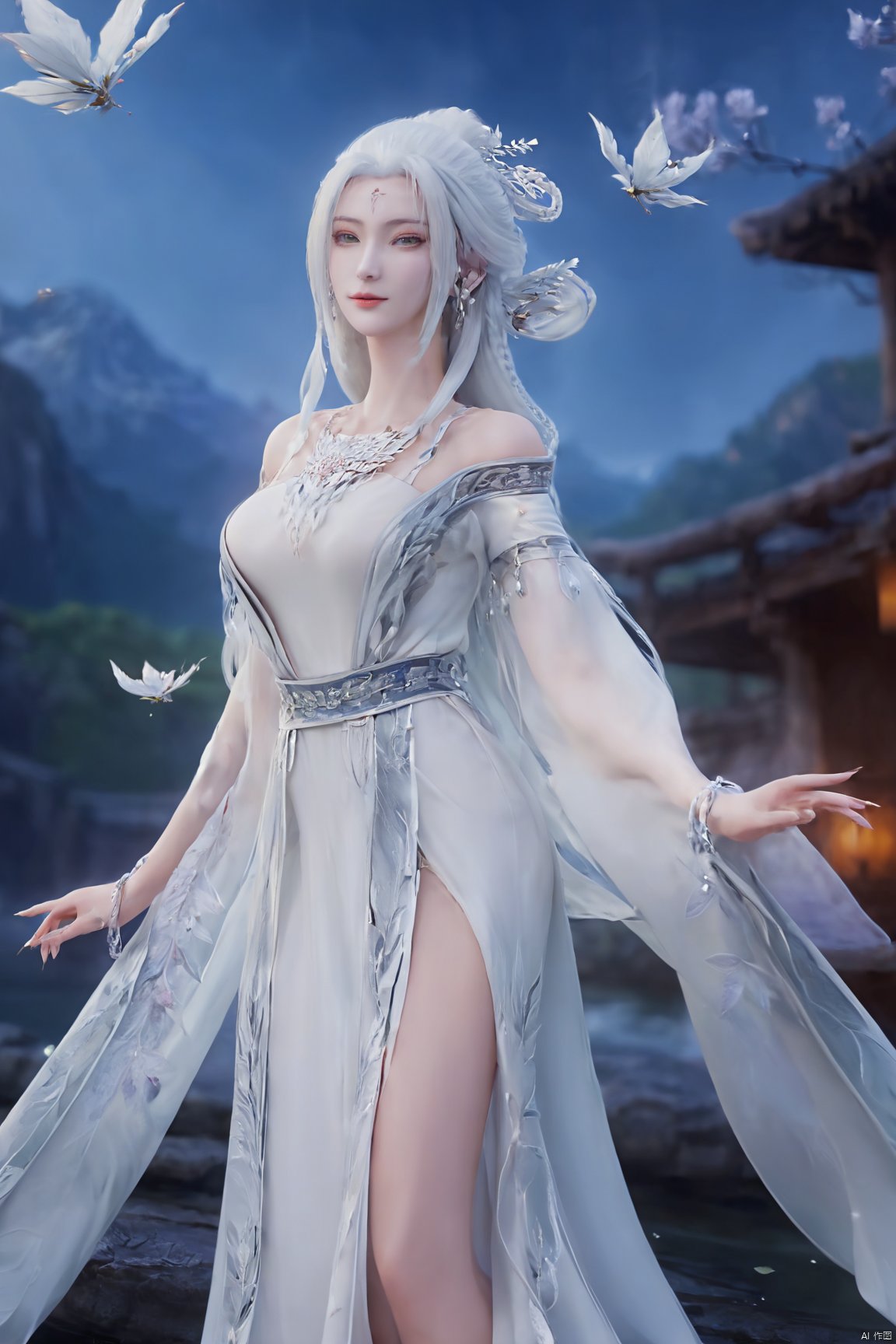 (masterpiece,best quality),1girl, solo, long hair, (big breasts:1.29), looking at viewer, dress, bare shoulders, jewelry, white hair, earrings, detached sleeves, wings, necklace, white dress, lips, tiara,Xtianhuxiaobai,Maple leaves, flowers,waterfalls, volcanoes,