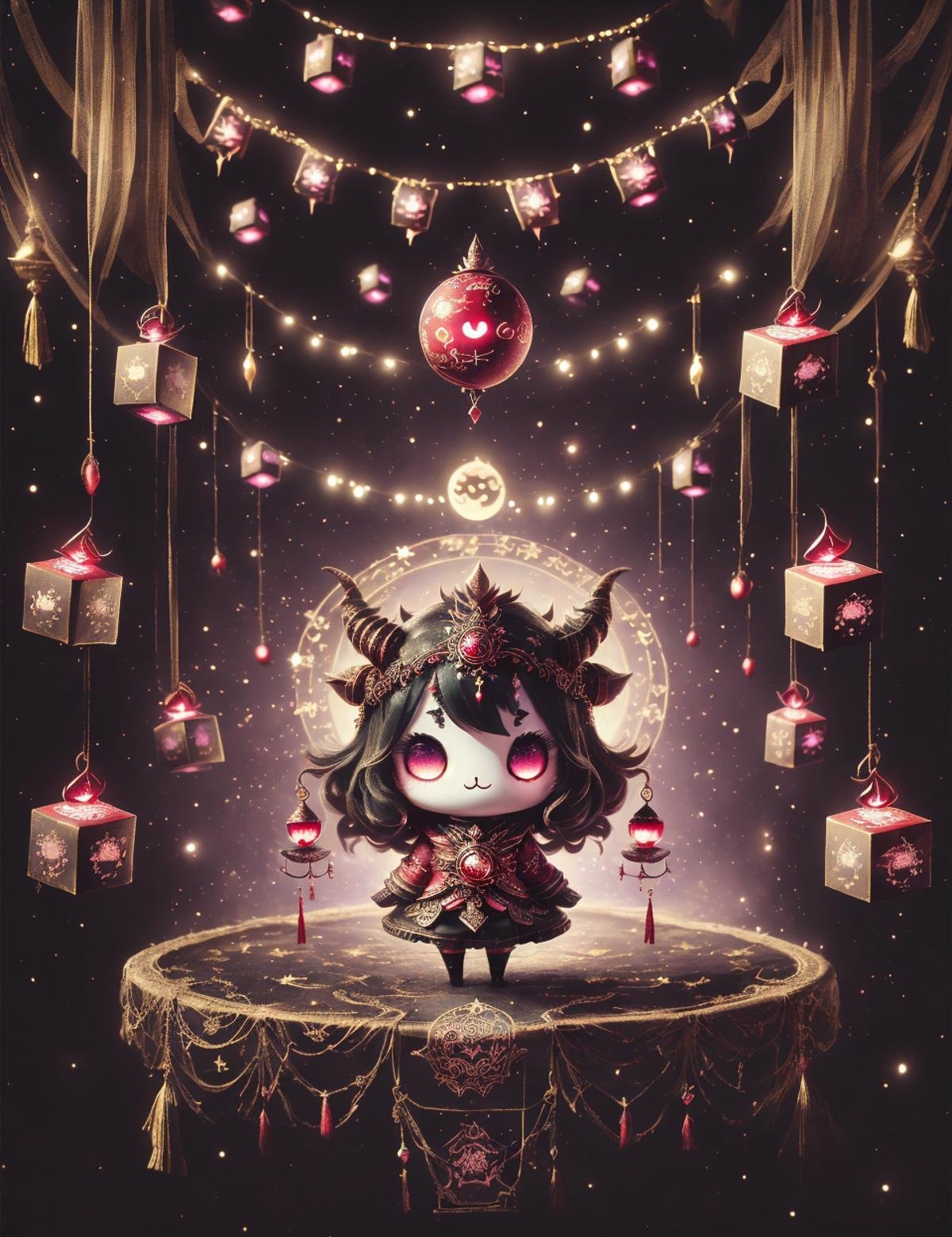 DonMCu73D4rk,  cute, chibi, cube lunar newyear, Ink and wash painting, Hopeful, Couplets, Red banners with auspicious phrases, Hanging decorations in red and gold, symbols of happiness and prosperity, Countrysides, Quiet and serene, with traditional decorations adorning homes and public spaces, Family gatherings, LED decorations, dark background, mistyy foggy, <lora:DonMCu73D4rk:0.8>