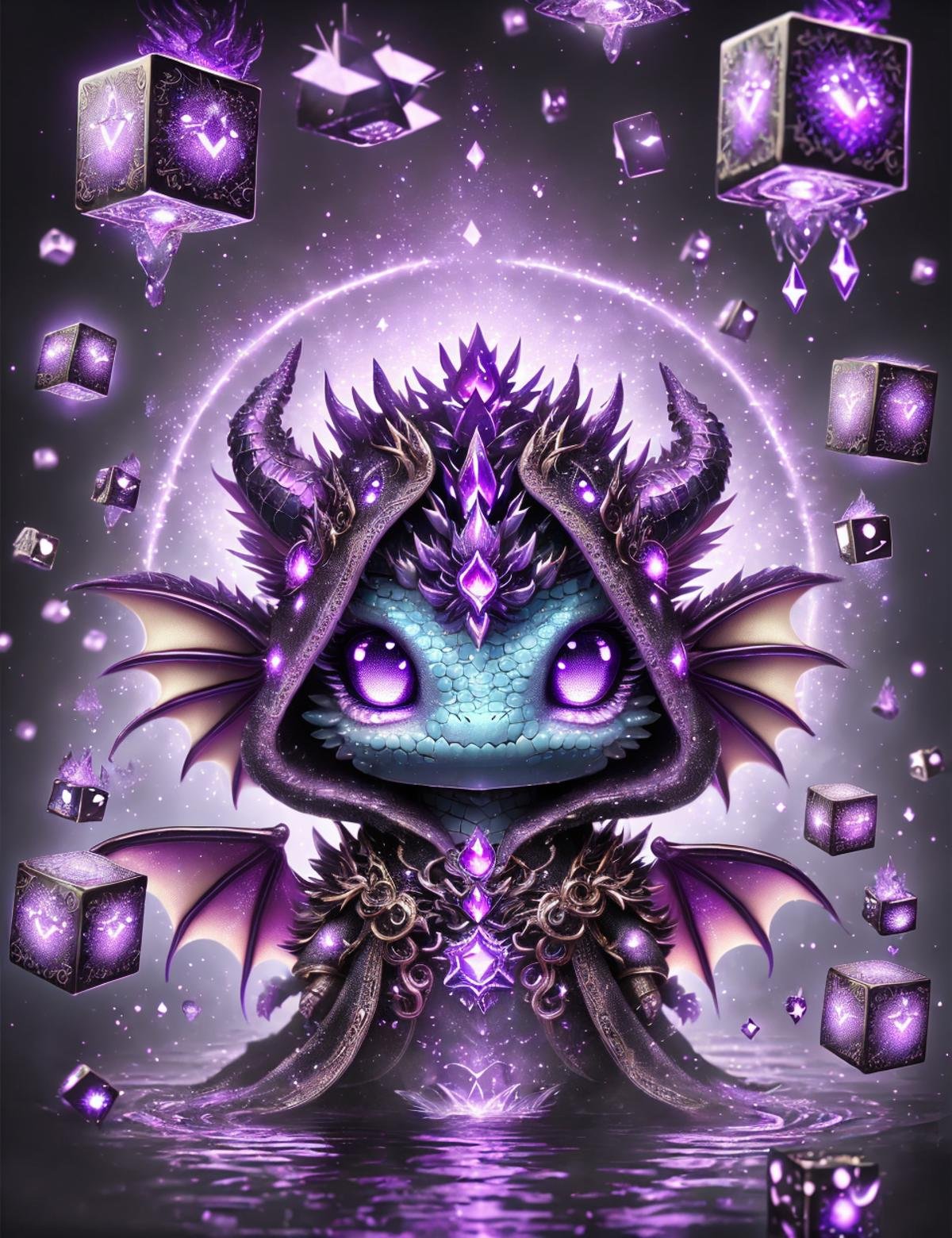 DonMCu73D4rk,  cute, chibi, cube, Water Style, A majestic purple dragon, adorned with shimmering scales and intricate magic symbols. The dragon is floating gracefully amidst a cloud of ethereal purple smoke, its eyes radiating an otherworldly glow. Cubes of varying sizes and colors dance around the dragon, creating a vibrant and dynamic composition, <lora:DonMCu73D4rk:0.8>