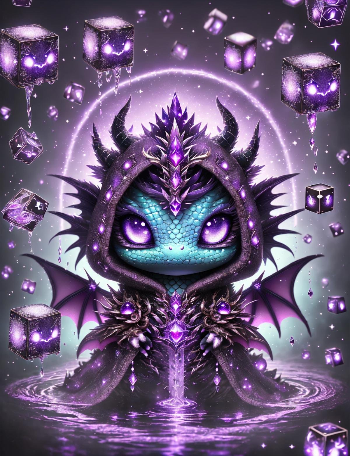 DonMCu73D4rk,  cute, chibi, cube, Water Style, A majestic purple dragon, adorned with shimmering scales and intricate magic symbols. The dragon is floating gracefully amidst a cloud of ethereal purple smoke, its eyes radiating an otherworldly glow. Cubes of varying sizes and colors dance around the dragon, creating a vibrant and dynamic composition, <lora:DonMCu73D4rk:0.8>