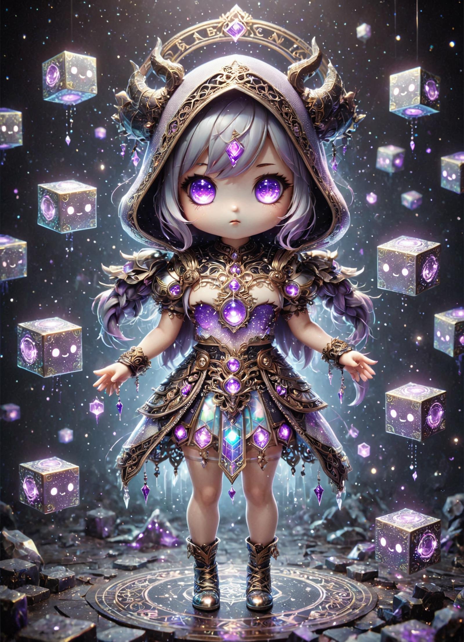 DonMCu73D4rkXL,  cute, chibi, cube loose full body clothing,  silk, holographic strata texture, white gold, cap sleeves, floor-length, drop waist, pencil skirt, lace trims,,coin pockets,,two-piece set, zipper closure, <lora:DonMCu73D4rkXL:0.8>