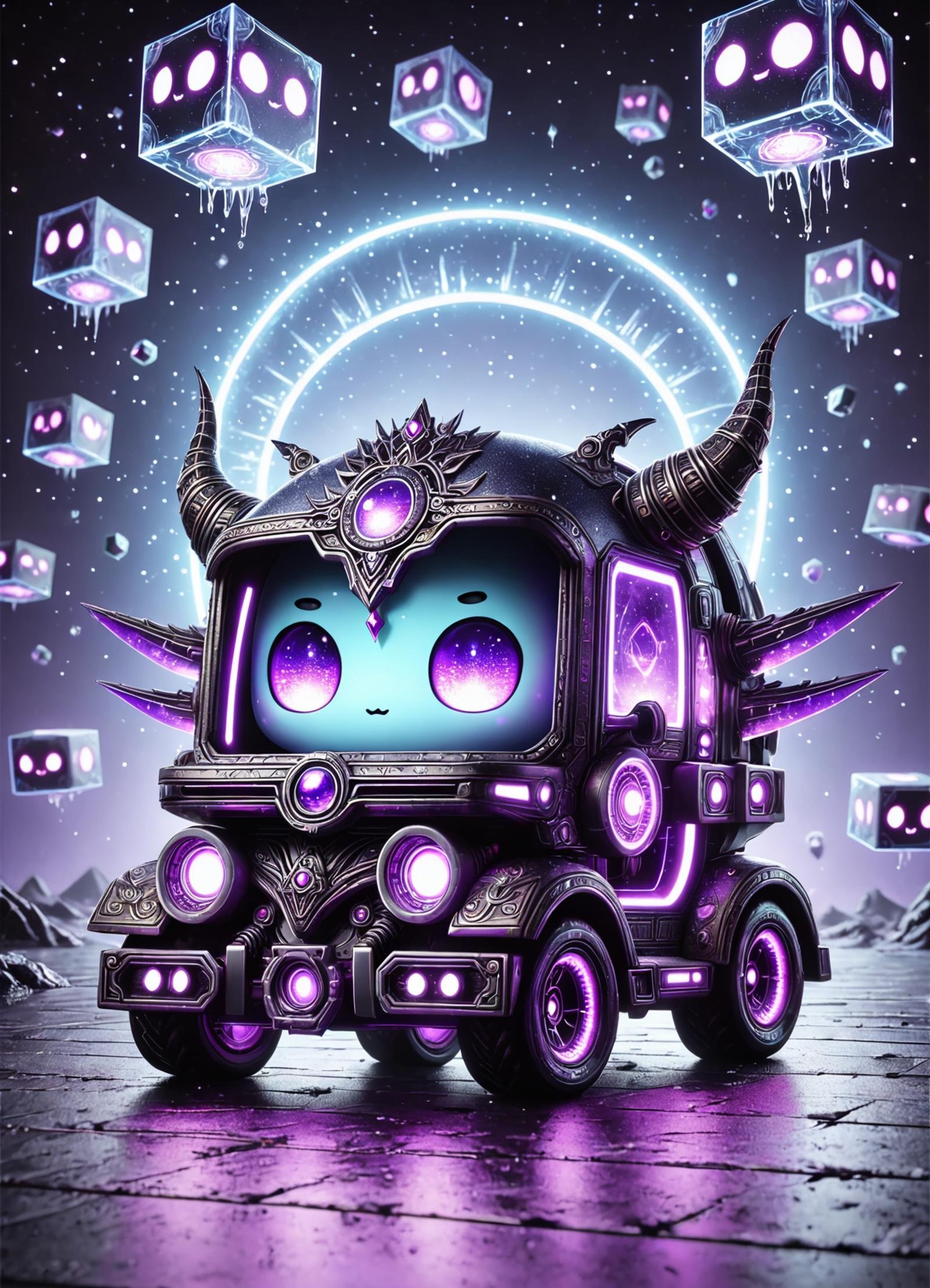 DonMCu73D4rkXL,  cute, chibi, cube scifi  boring vehicle (total recall), curved fenders,  mood lighting, splash guards,  ice, alien,   , <lora:DonMCu73D4rkXL:0.8>