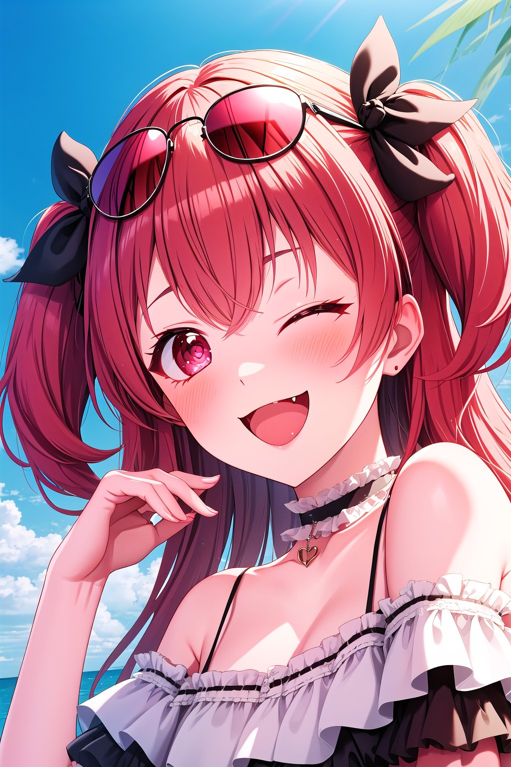 one_eye_closed, pink_hair, fang, smile, v, hat, open_mouth, brown_hair, long_hair, looking_at_viewer, ribbon, frills, two_side_up, sunglasses, pink_eyes, short_hair, eyewear_on_head, red_eyes, ;d, choker, brown_eyes, blush,1girl,airi_momoi